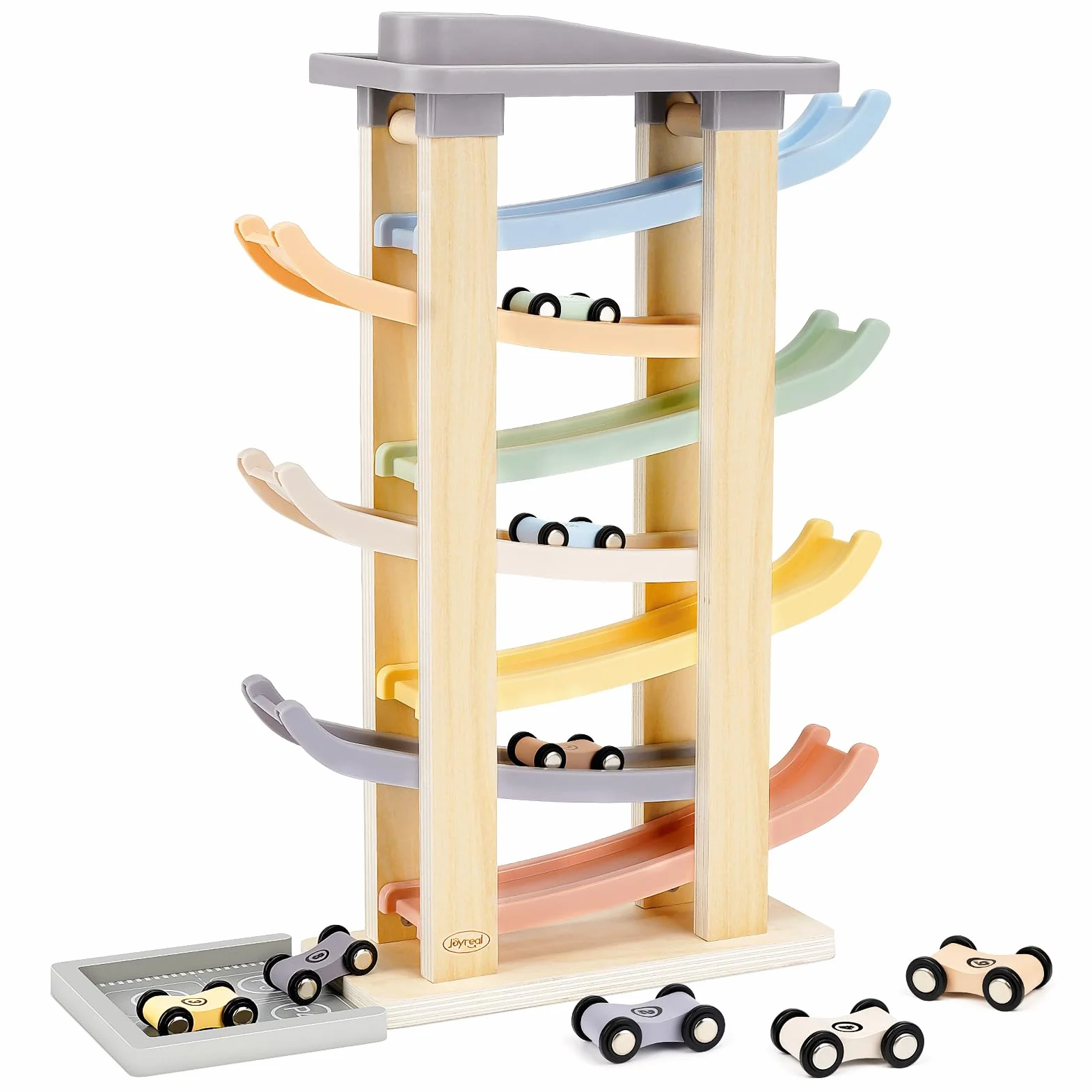 Joyreal Rampe Voiture en Bois Jeux Montessori 8 Mini Voiture Enfant Garage Bois Jouet