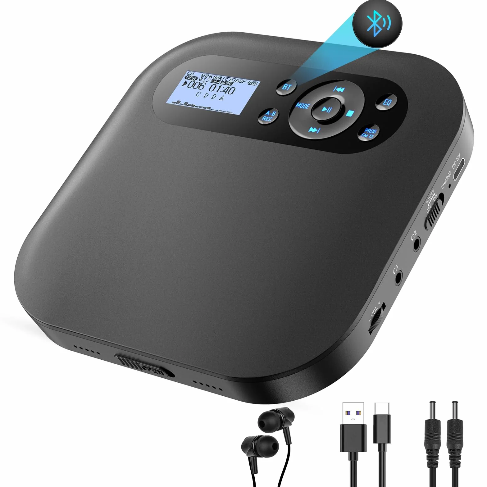 Lecteur CD Portable Bluetooth Rechargeable Discman FM Haut-parleurs Stéréo Anti-Saut