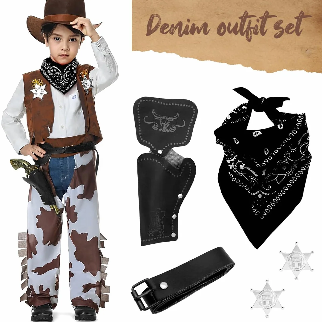 Cowboy Costume Accessoires 5 Pièces Bandana Ceinture Holsters Badge Métal Déguisements Garçons Filles Halloween