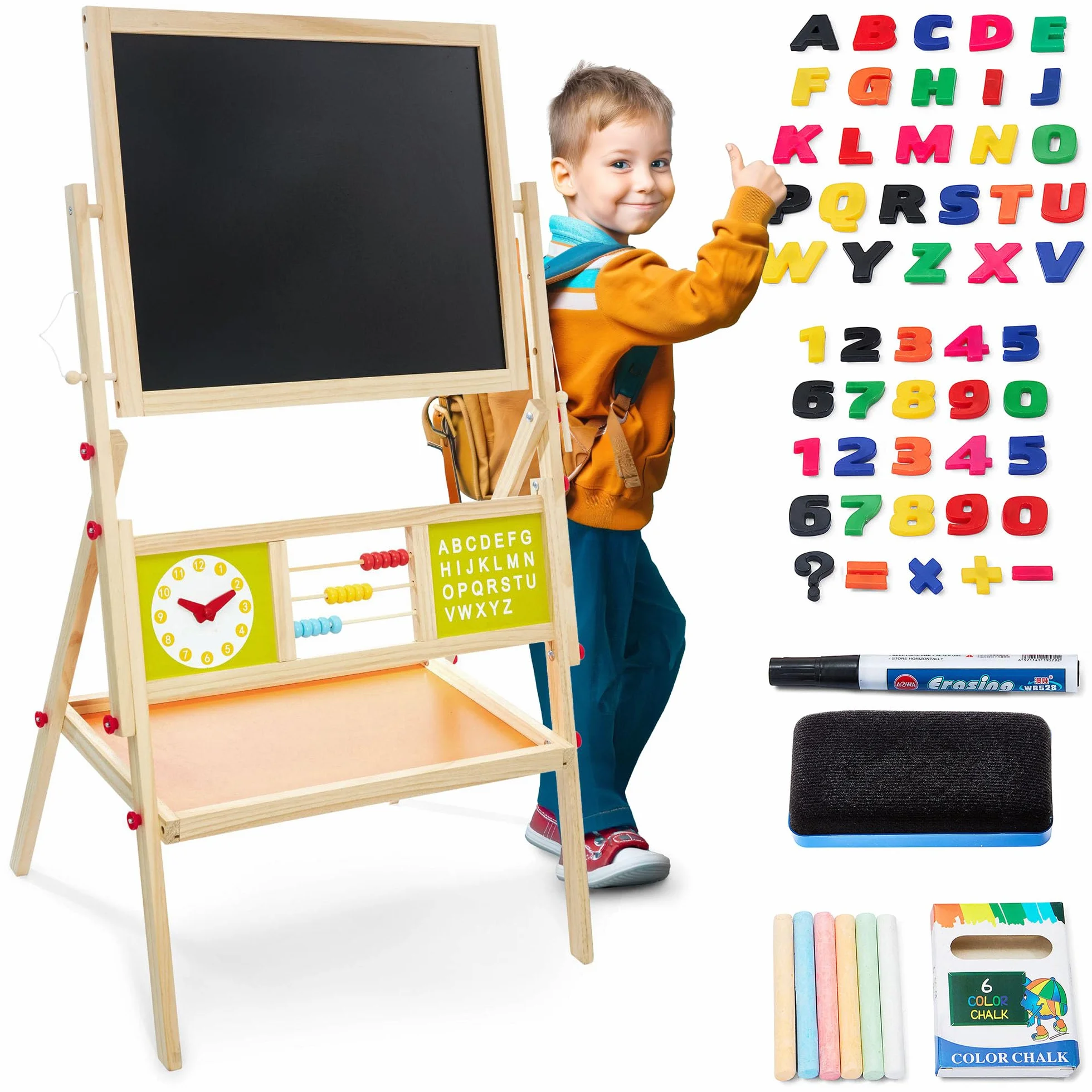 Mamabrum Tableau Enfant Bois Double Face Magnétique Craie 98 x 45 x 42 cm Chevalet avec Alphabet