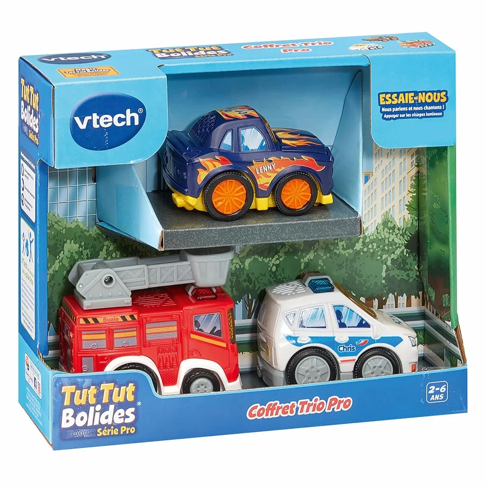 VTech Tut Tut Bolides Série Pro Coffret Trio Pro 3 Voitures Enfant Police Camion de Pompiers Voiture de Course Jouet Musical Sonore Cadeau Enfant 2-6 Ans
