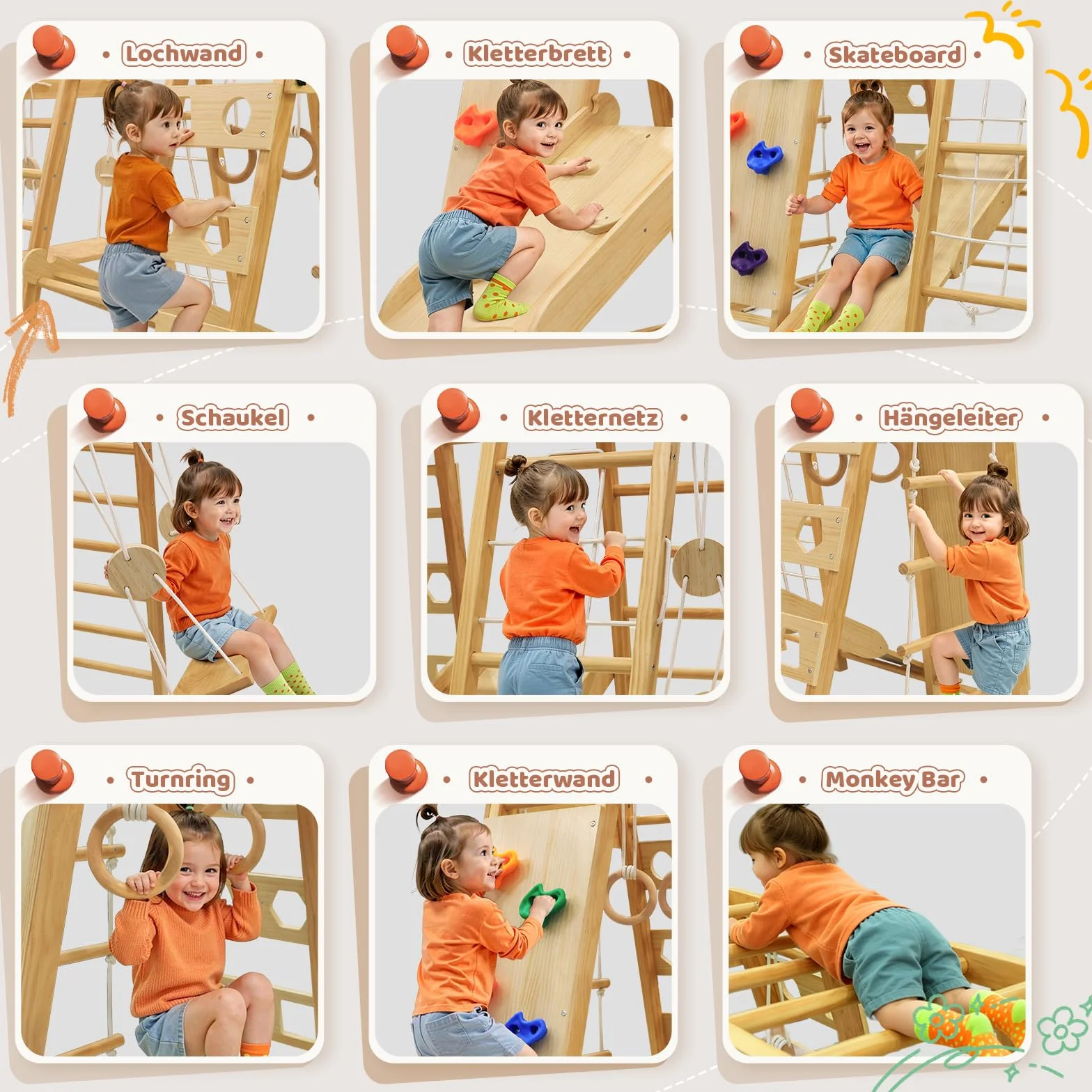 Maxi Cadre d'Escalade Pliable 10 en 1 Montessori en Bois avec Balançoire et Toboggan