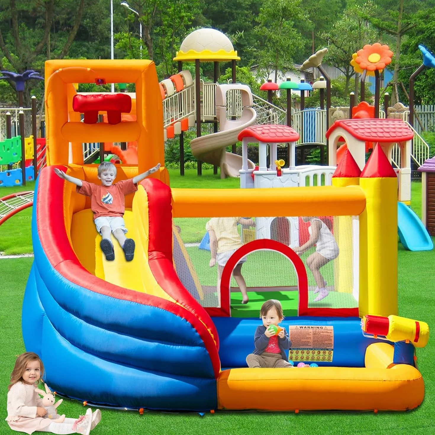 Ballsea Grand château gonflable avec ventilateur toboggan sec ou eau 320 x 280 x 232 cm
