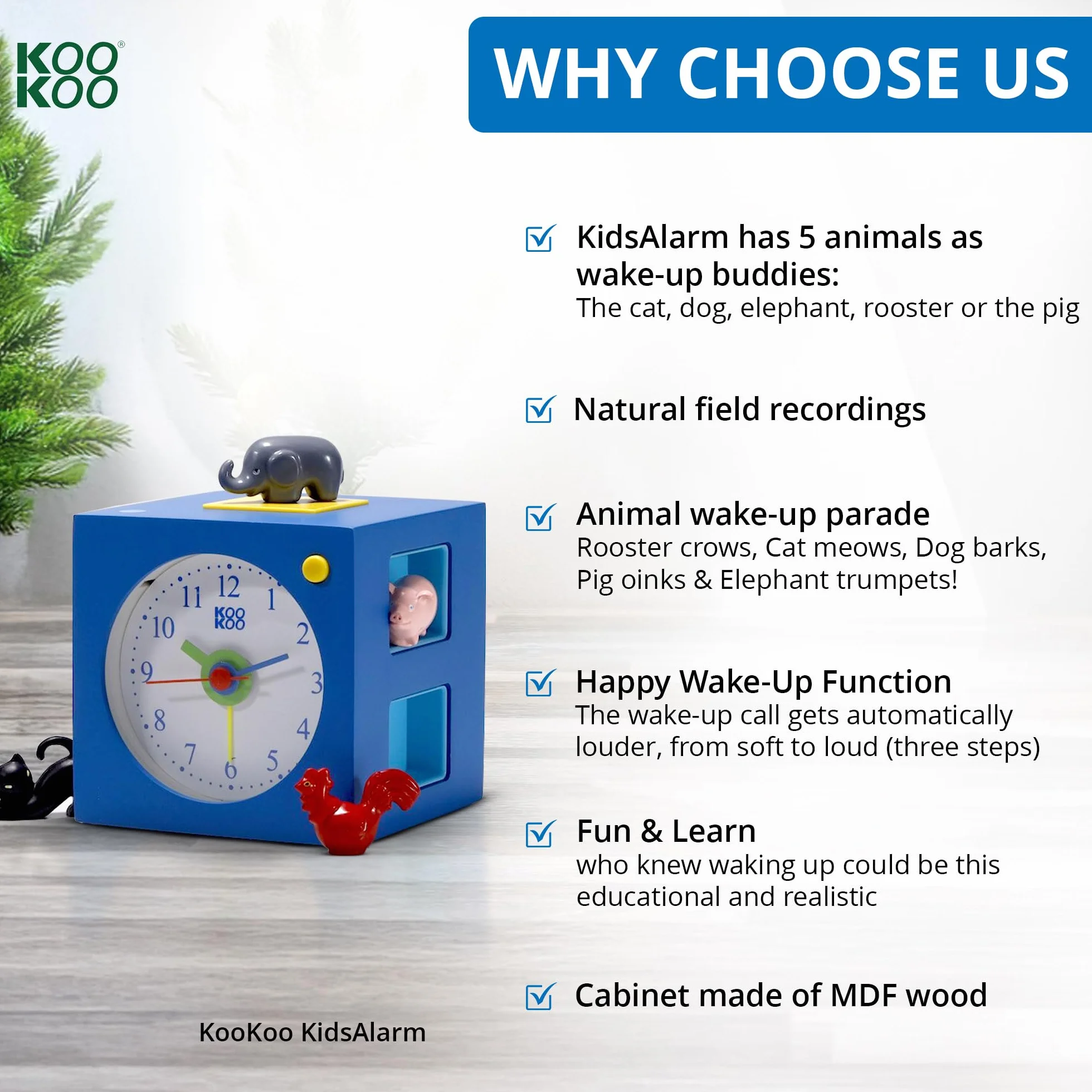 KOOKOO KidsAlarm Bleu réveil pour Enfants avec 5 Animaux de la Ferme