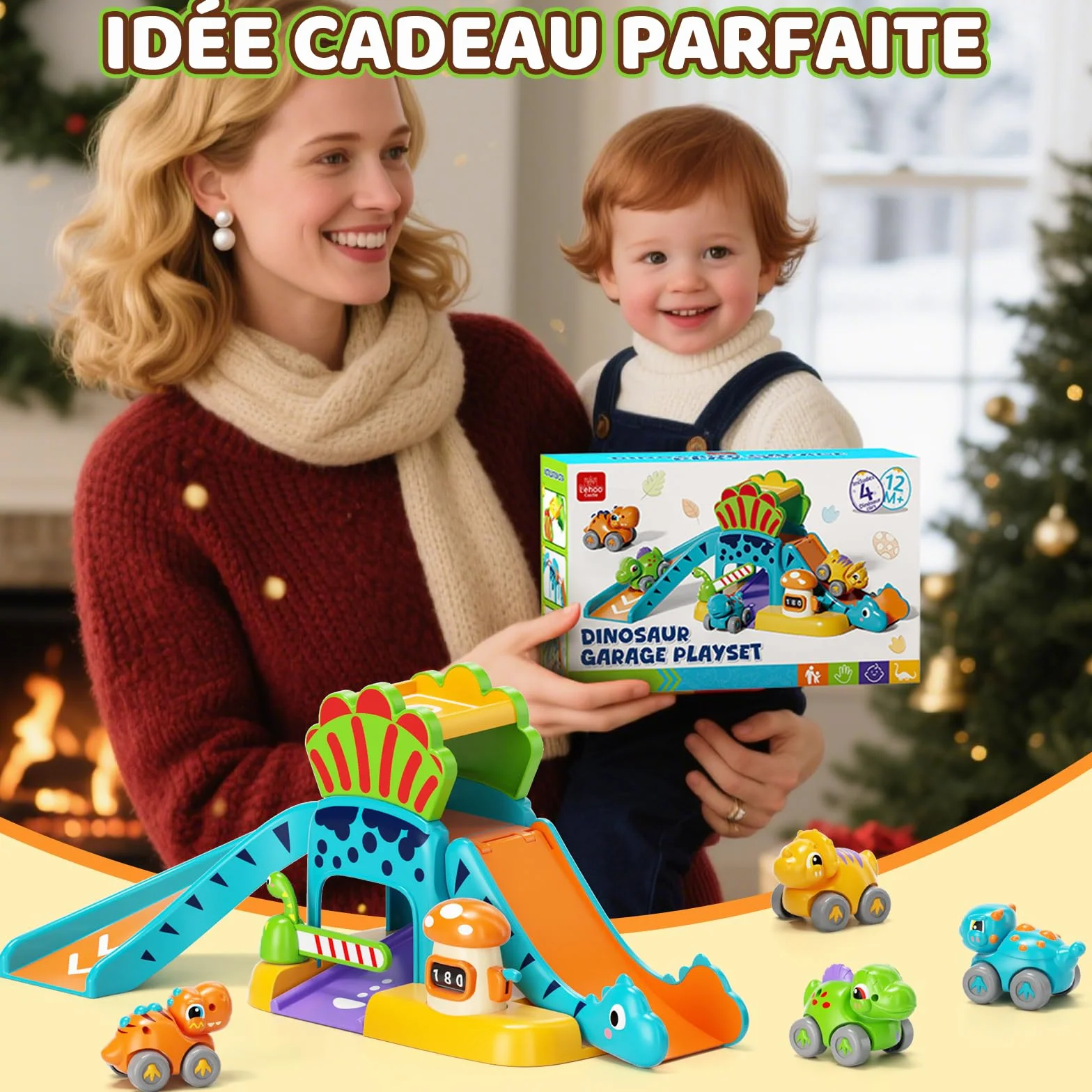 Jeu de Voitures Dinosaures avec Circuit à Toboggan Jouet Éducatif 1-3 Ans Cadeau Enfant 12+ Mois Garçons