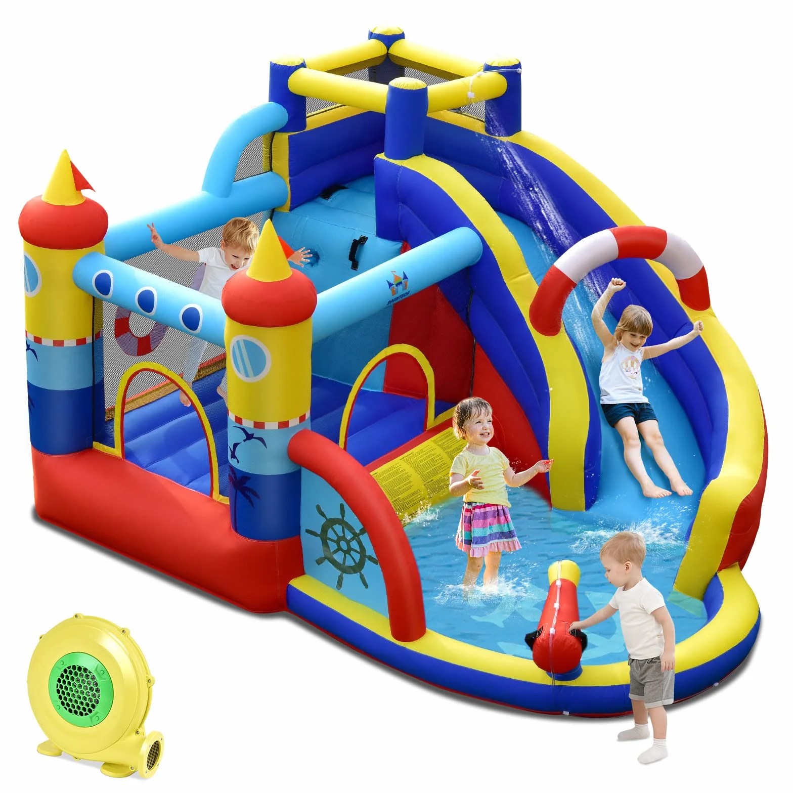 COSTWAY 5 en 1 Château Gonflable Pirate avec Toboggan, Mur d'escalade & Souffleur 550W, 360x290x200cm