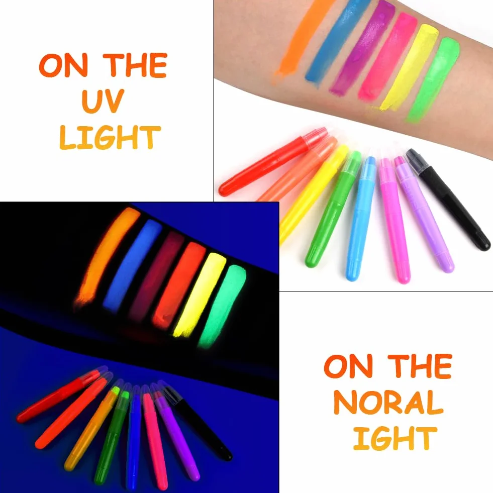 Crayons de Peinture Fluo Fluorescents UV 8PCS, Crayons Lumineux pour Visage Corps Maquillage Enfants Adultes Halloween