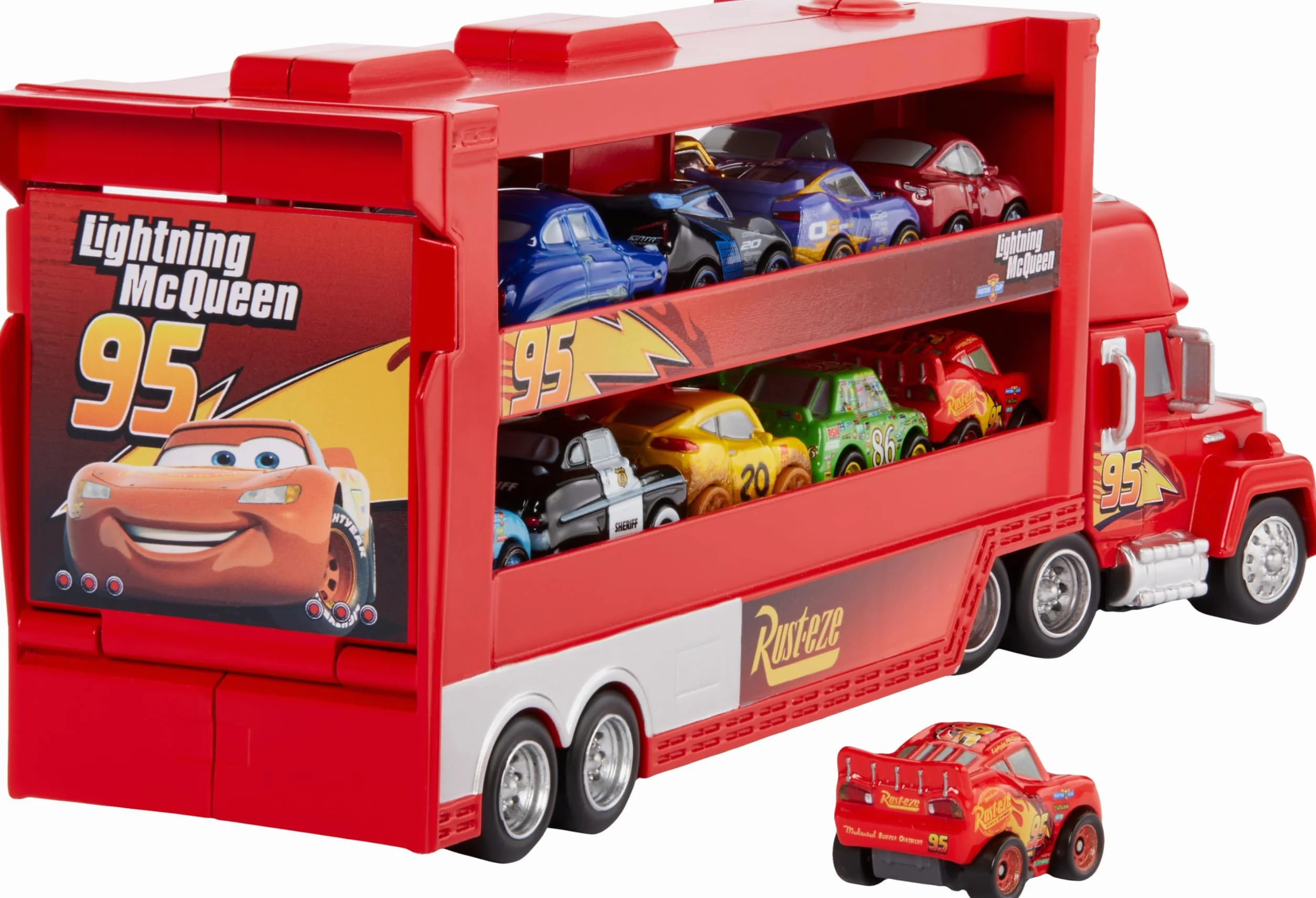 Mattel Disney Pixar Cars Camion Transporteur Mack GNW34, jouet enfant avec Flash McQueen pour 18 mini-véhicules