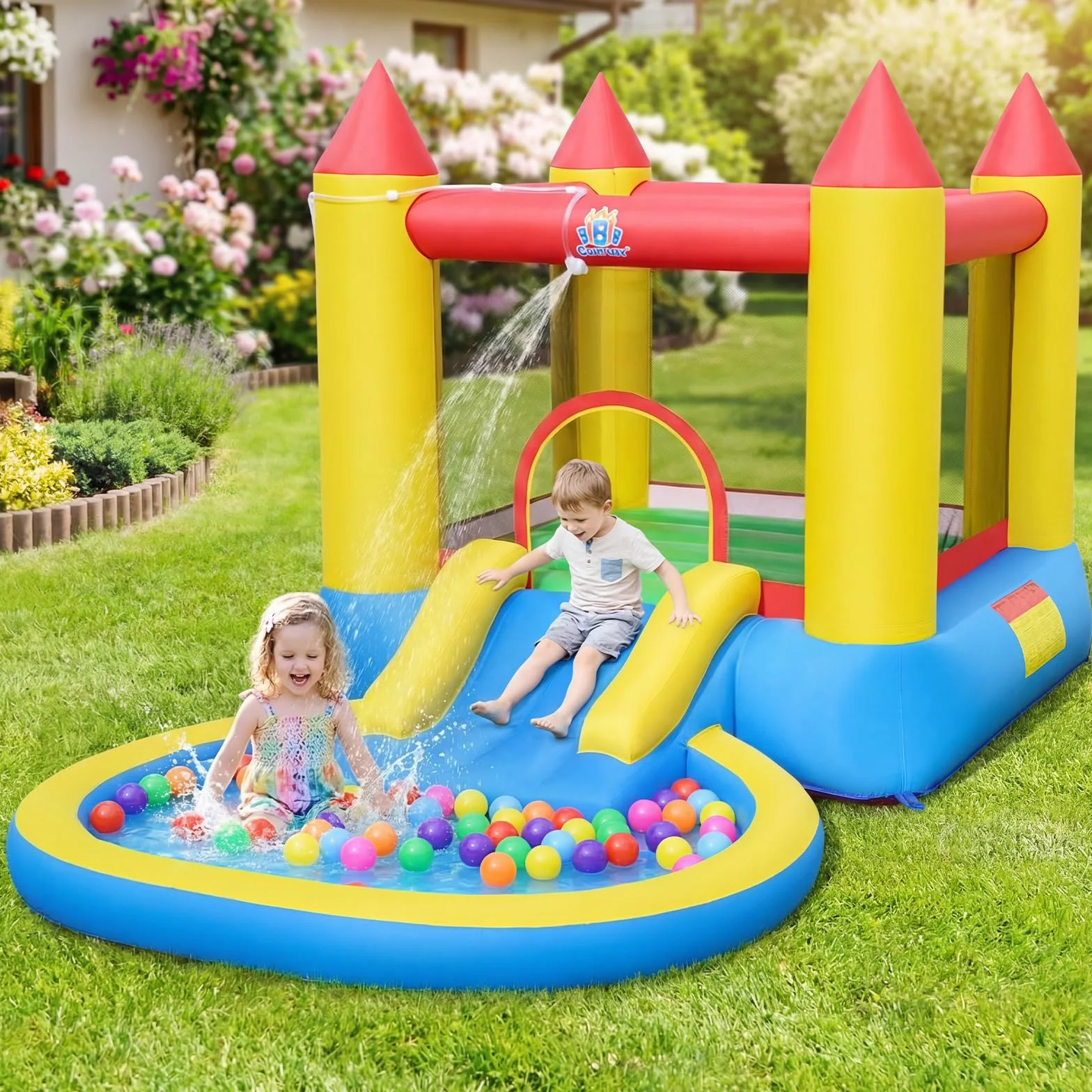COSTWAY 3 en 1 Château Gonflable avec Toboggan et Maison de Saut, Aire de Jeux avec Piscine à Balles et 50 Balles Océaniques, pour 3-12 Ans