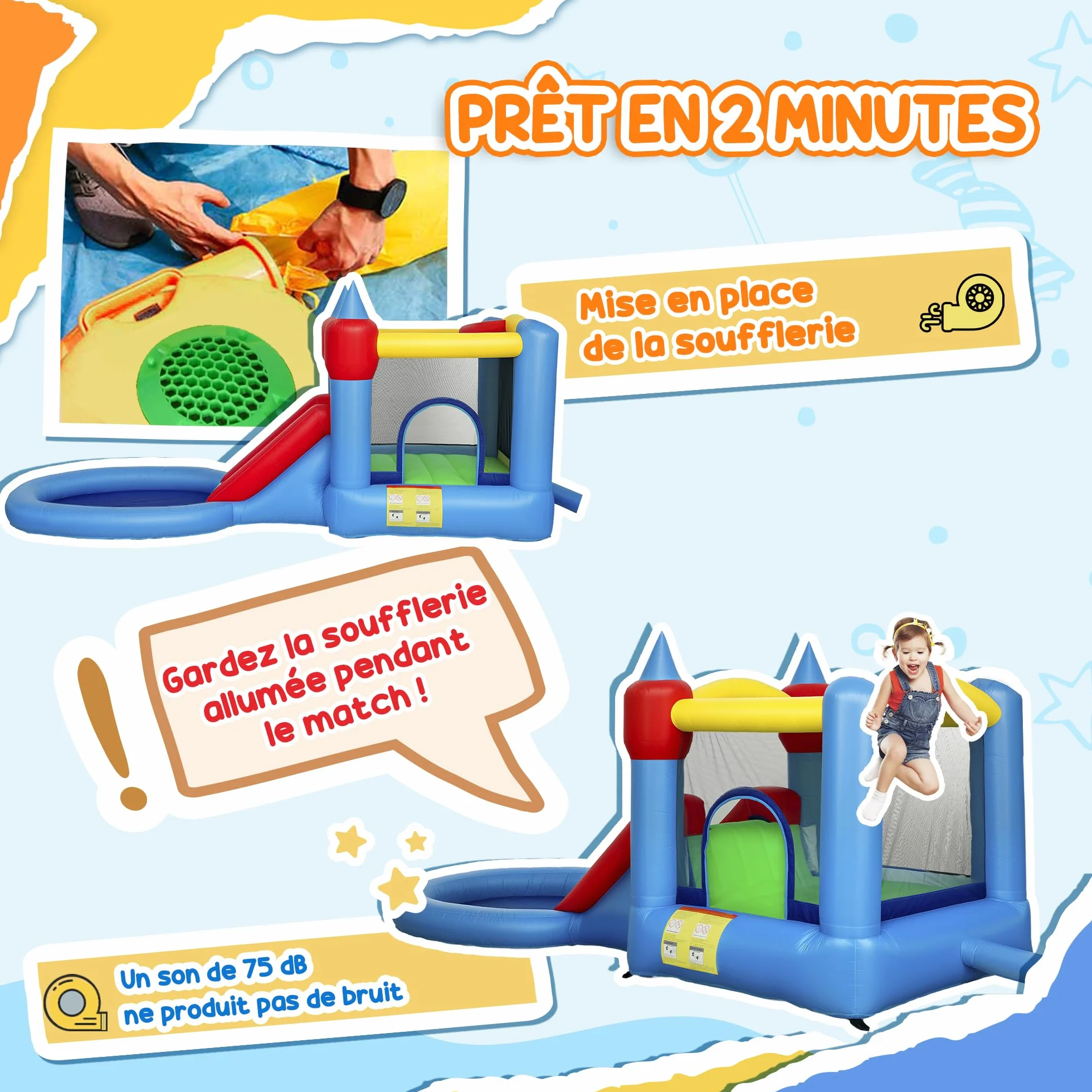 AIYAPLAY Château Gonflable 4 en 1 avec Toboggans, Trampoline, Panier de Basket, Piscine à Balles, pour Enfants 3-8 Ans