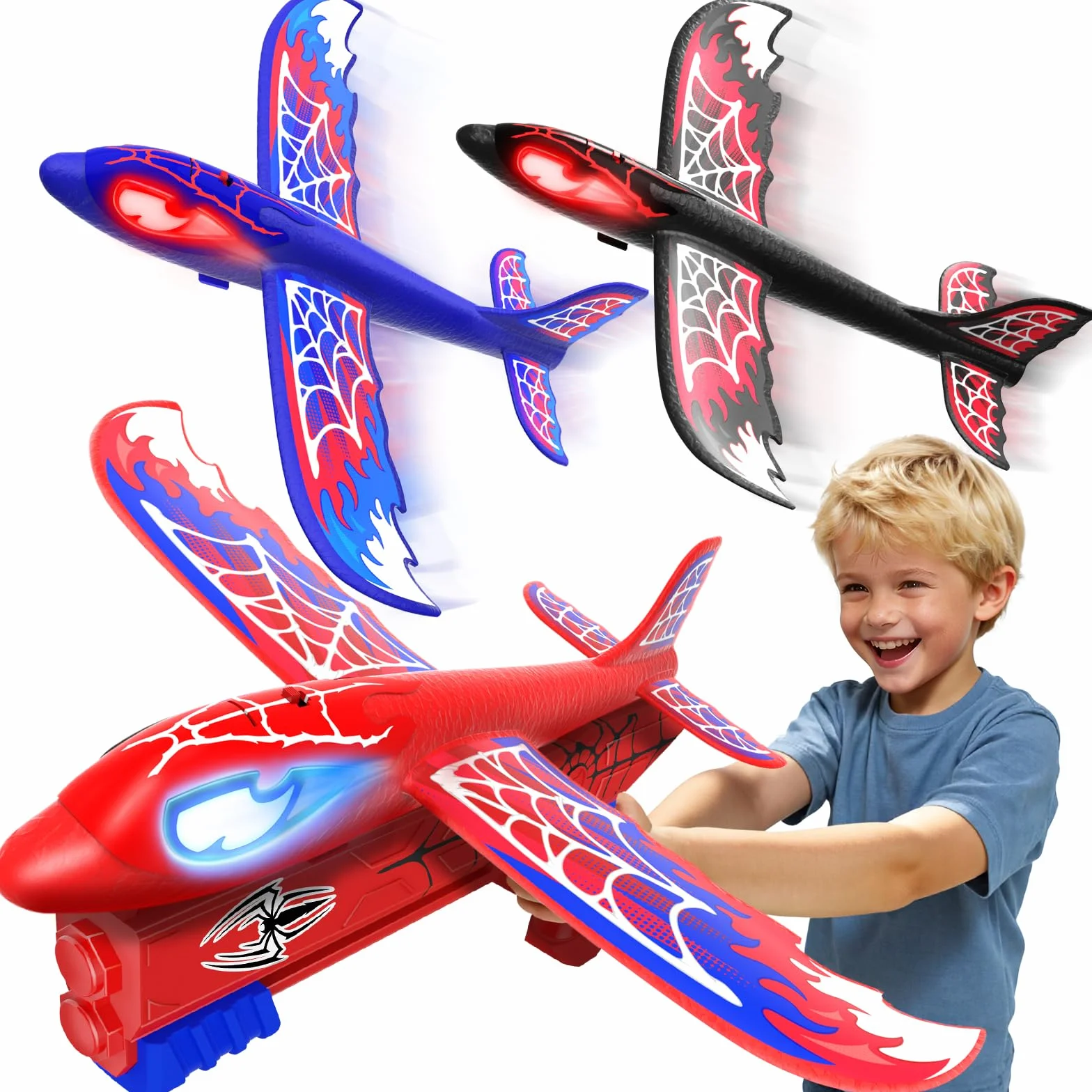 Avion Jouet Enfant 3-12 Ans, 3 Avion Planeur avec Yeux Lumineux & Ailes Toile, Jouet Garçon Cadeau Noël Anniversaire