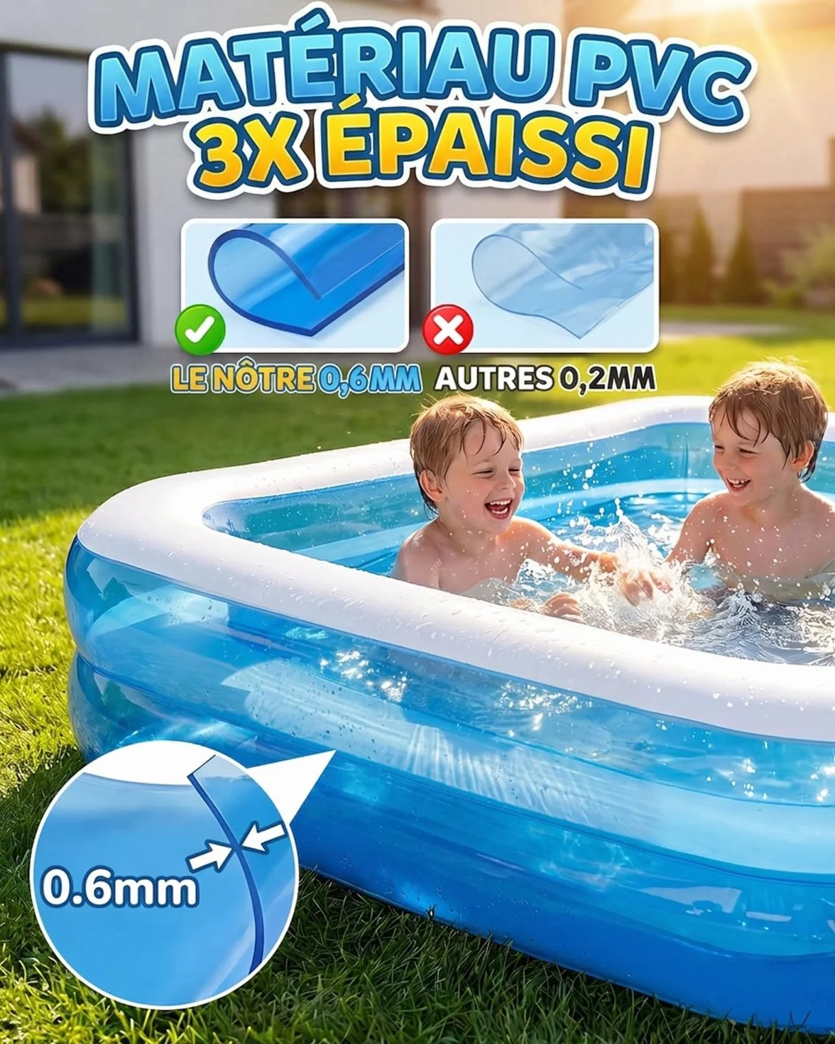 Piscine Gonflable Rectangulaire 200x150x50cm Grande Pataugeoire Familiale Bassin Aquatique d'Été