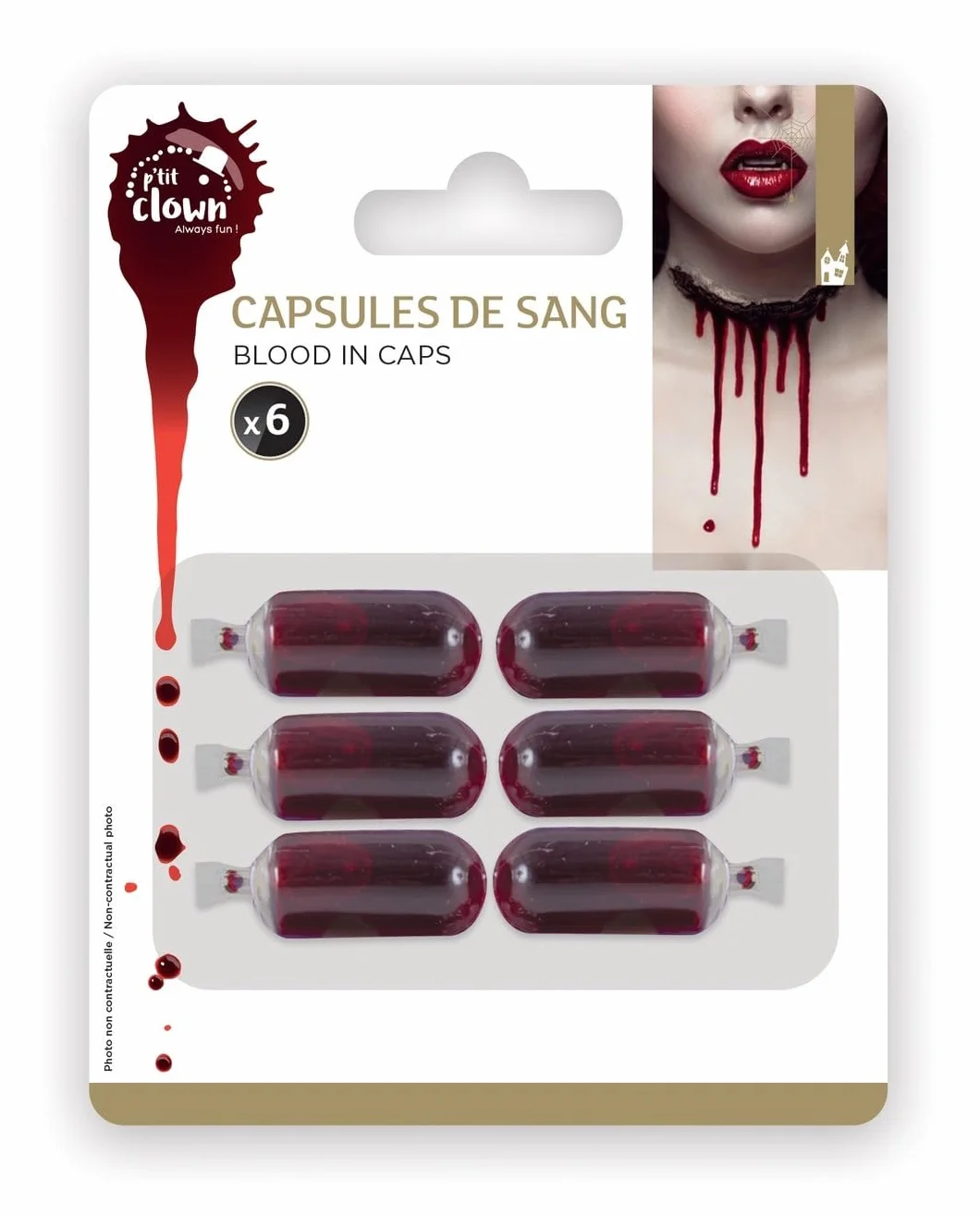 Capsules de Faux Sang Blister de 6 - 1 g - Maquillage Déguisement - Sang de Théâtre - Effet Spécial - Halloween
