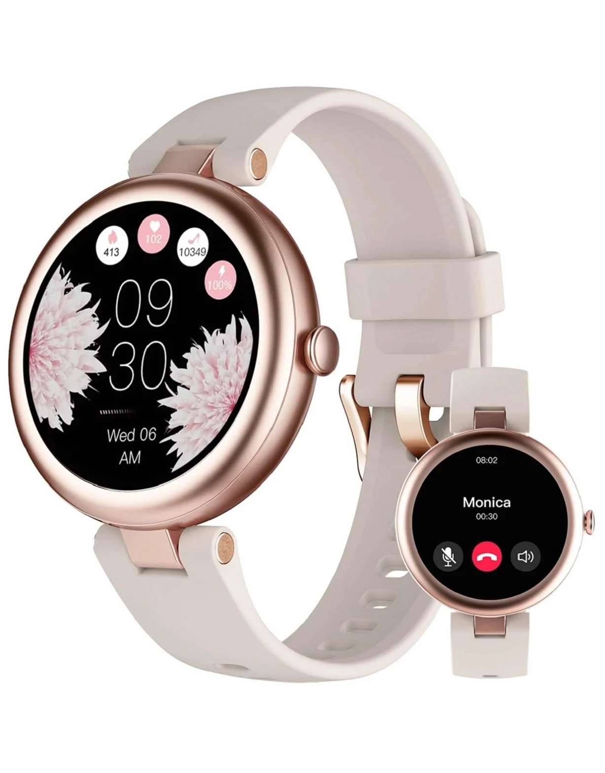 Montre Connectée Femme Ronde Petite Smartwatch avec Appel Bluetooth Cardiofrequencemetre Oxymetre IP68 pour Android iOS