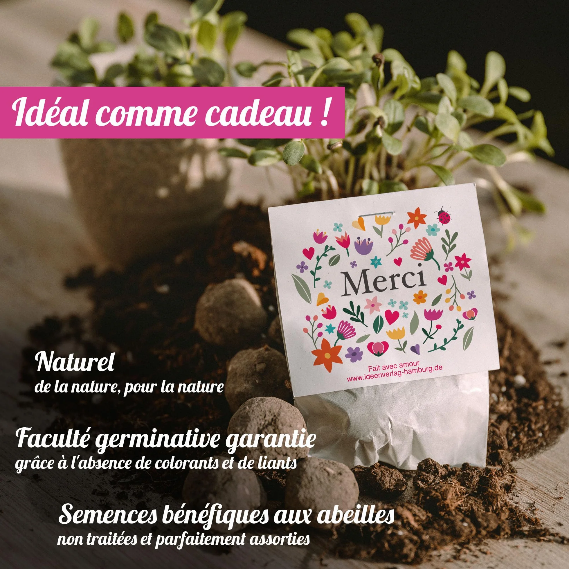 Bombes à graines "Merci" 10x – cadeau écologique original boules fleuries