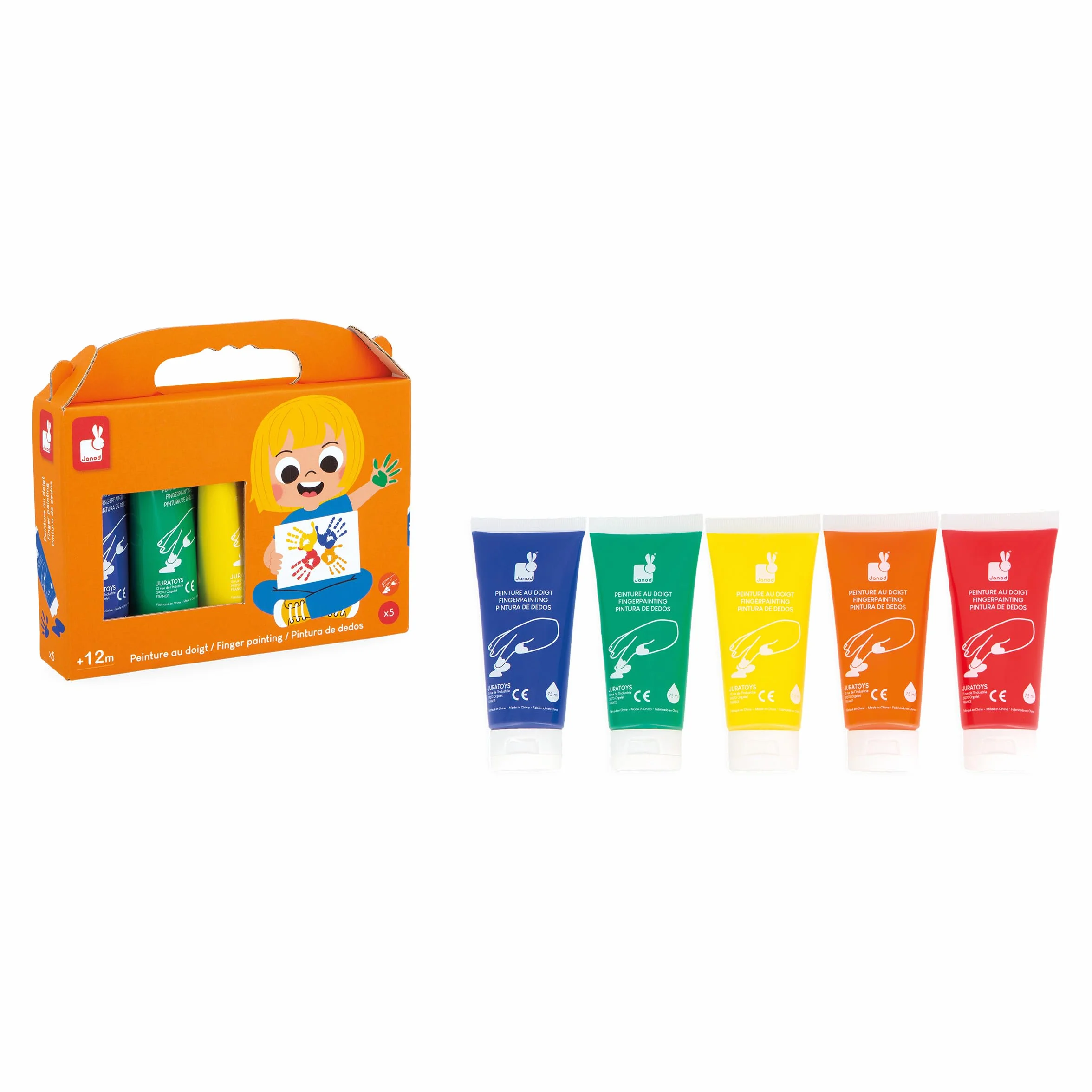 Janod 5 Tubes de Peinture au Doigt pour Bébé 75 ml Testé Dermatologiquement Dès 12 Mois