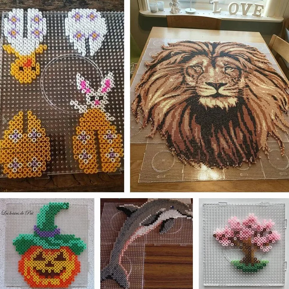 Plaques de Perles à Repasser Carrées Transparentes 14,5 x 14,5 cm DIY avec Pinces et Porte-clés