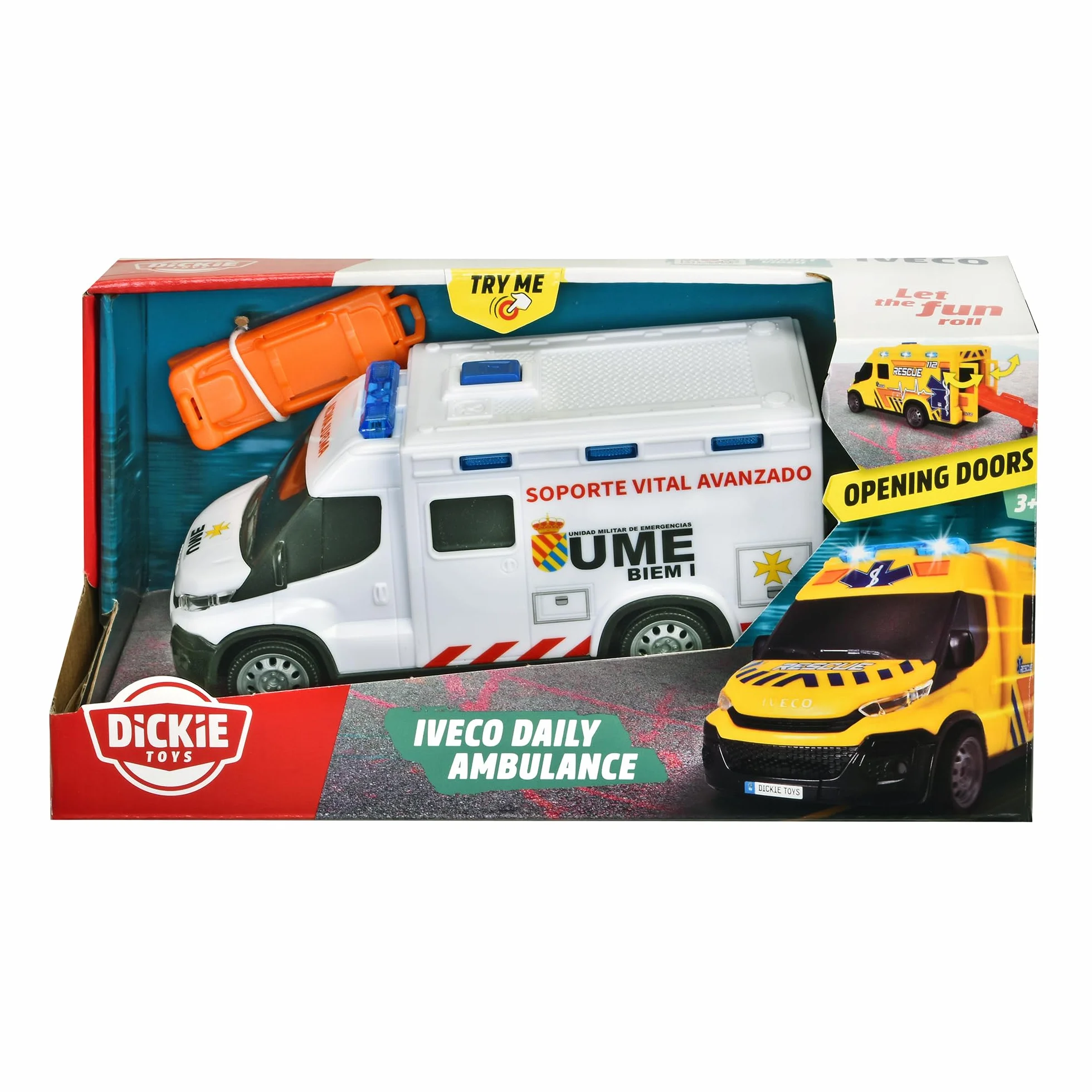 Dickie Toys Ambulance IVECO UME 18 cm Jouet lumière Son Roue Rotation Libre civière