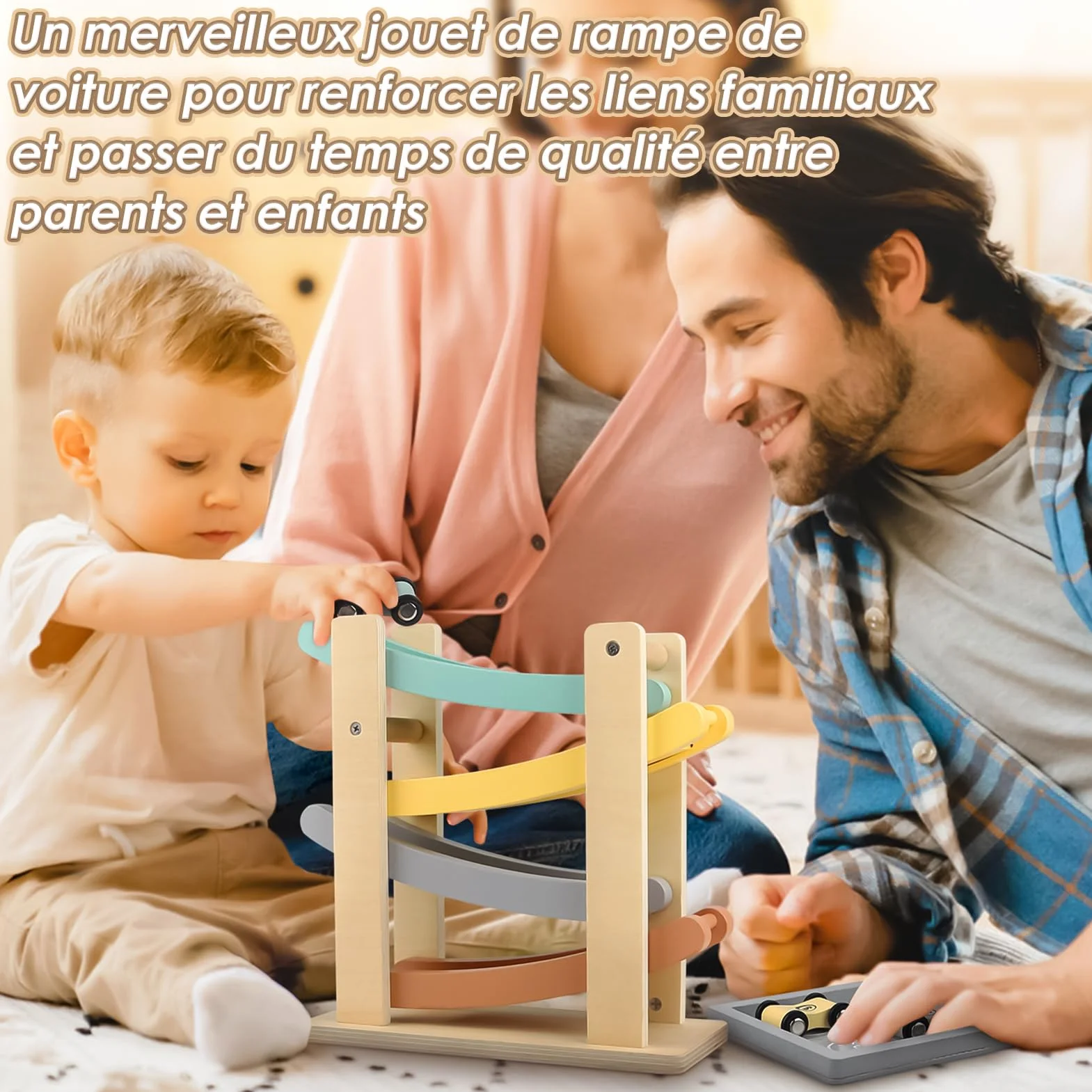 Vanplay Jouet Garcon 1 Ans Jouet Voiture Bebe Jouet en Bois avec 4 Mini-Voitures et Garage, Cadeau Enfant 1 2 Ans