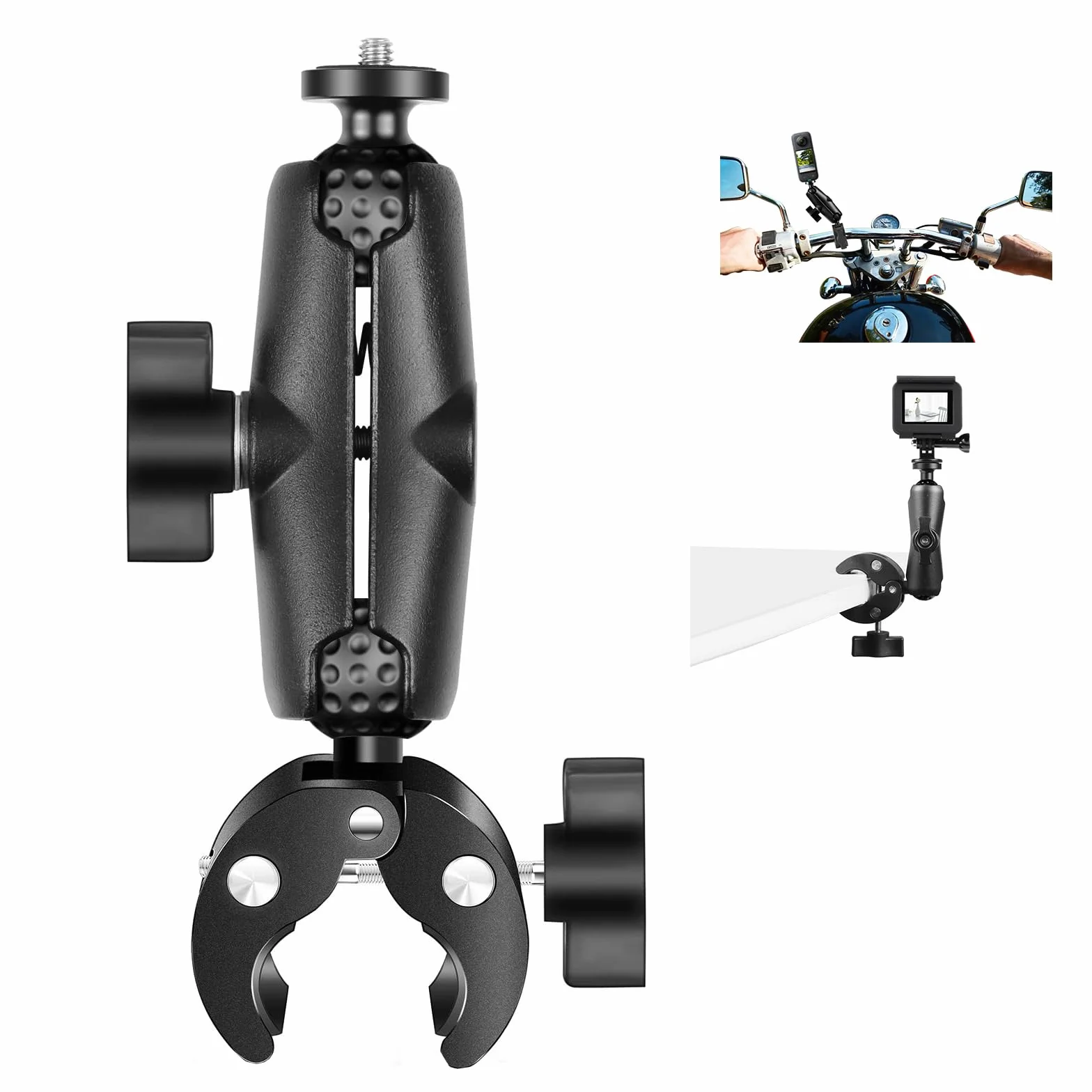 Super Clamp Crabe Action Camera Moto Guidon Support Fixe 360° Rotation Rotule Tête Boule Filetage 1/4" pour Caméra Studio Trépied Compatible Gopro Insta360 X5 X4 X3 OSMO
