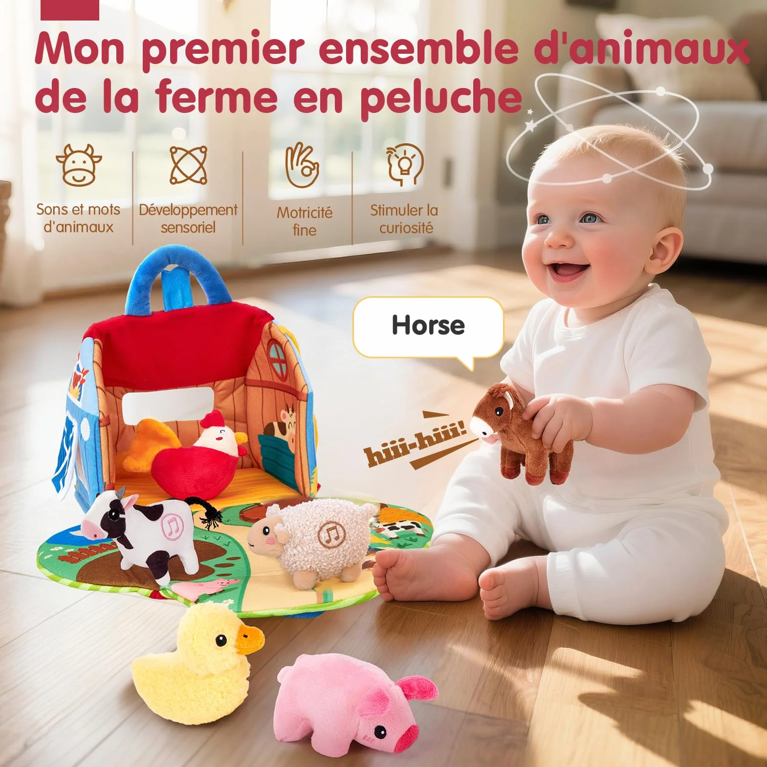 hahaland Jouets pour Bébé 6-12 Mois - Jouet de Ferme Animal en Peluche avec Vrais Sons, Jouets Montessori Sensoriel Cadeau Enfant