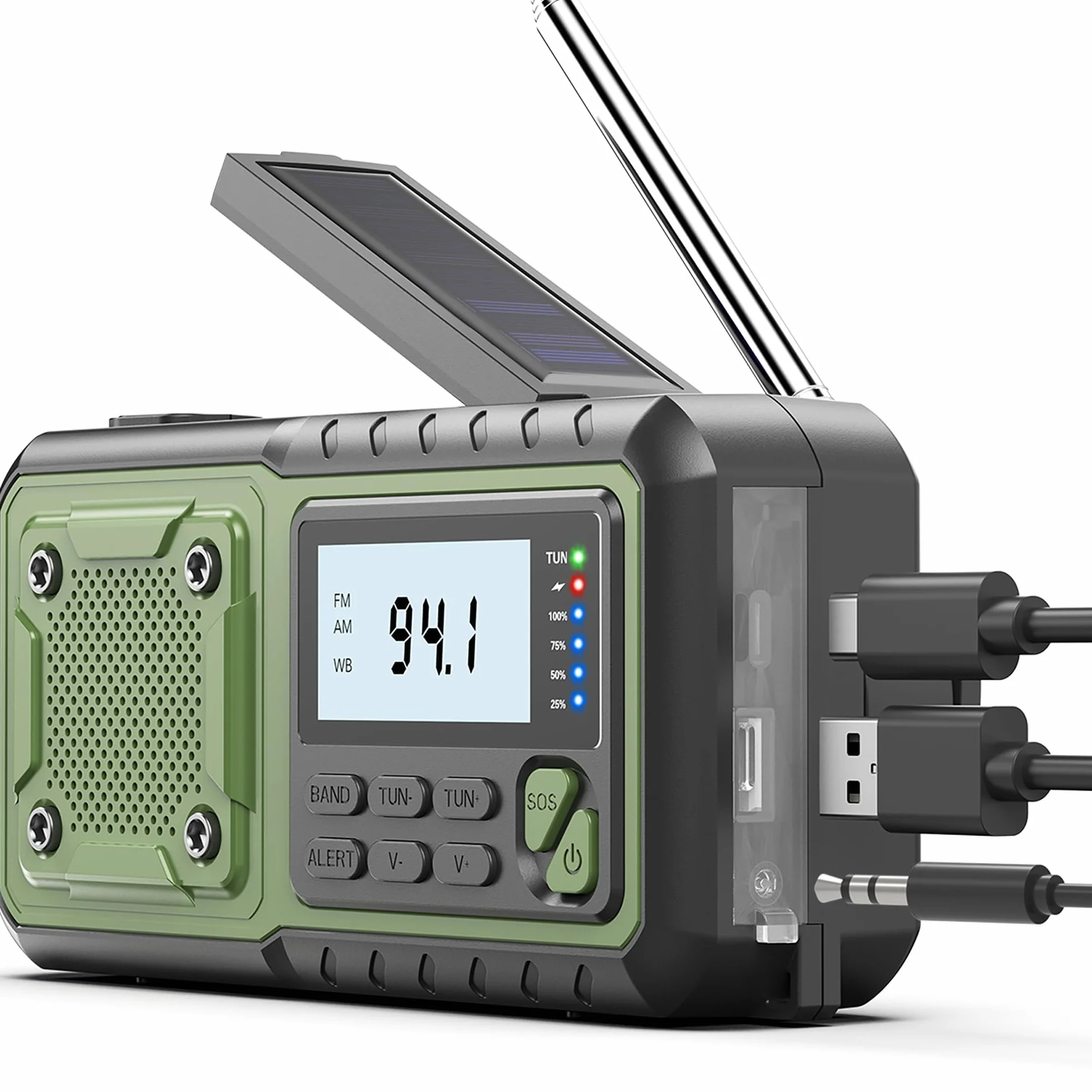 Radio d'urgence à manivelle NOAA/AM/FM 5000 mAh solaire avec alarme SOS et lampe de poche