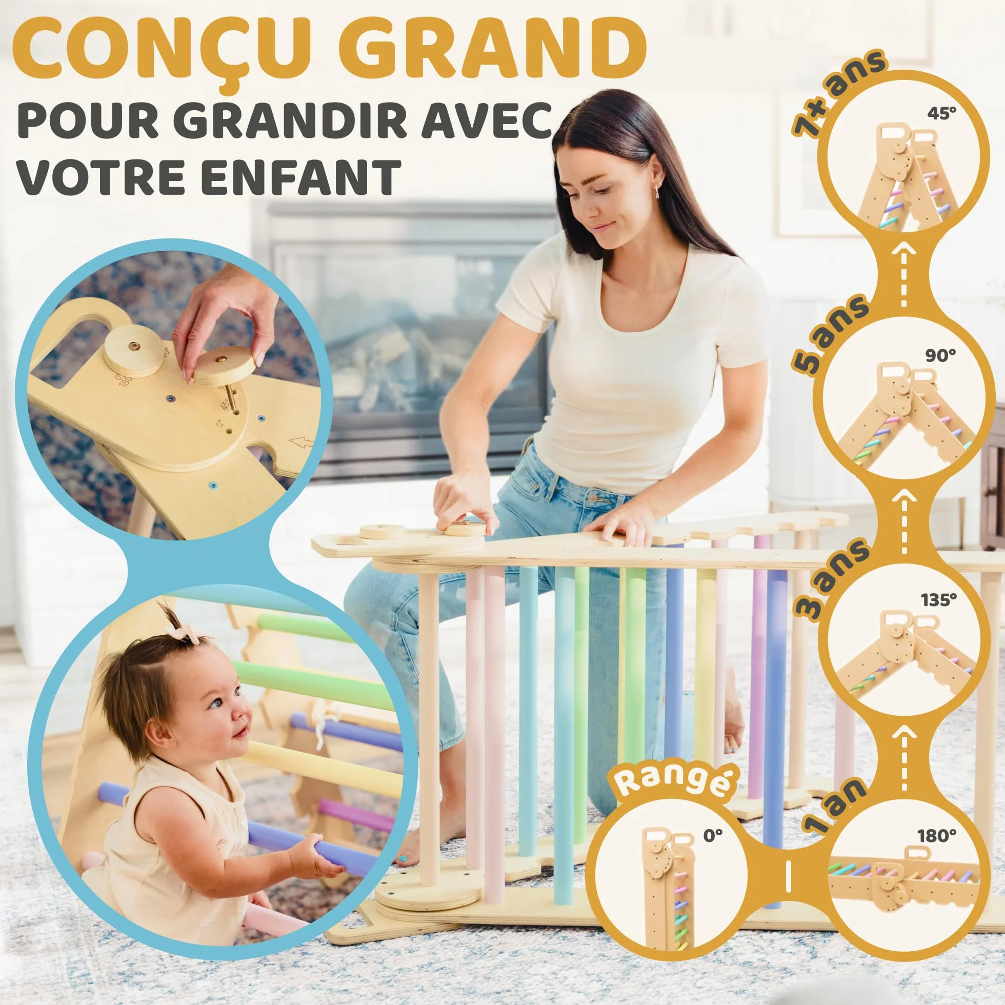 Triangle de Pikler Montessori Large 9en1, 5 Angles Ajustables, Parcours de Motricité Bébé Enfant 1-7 Ans avec Arche Escalade Bois