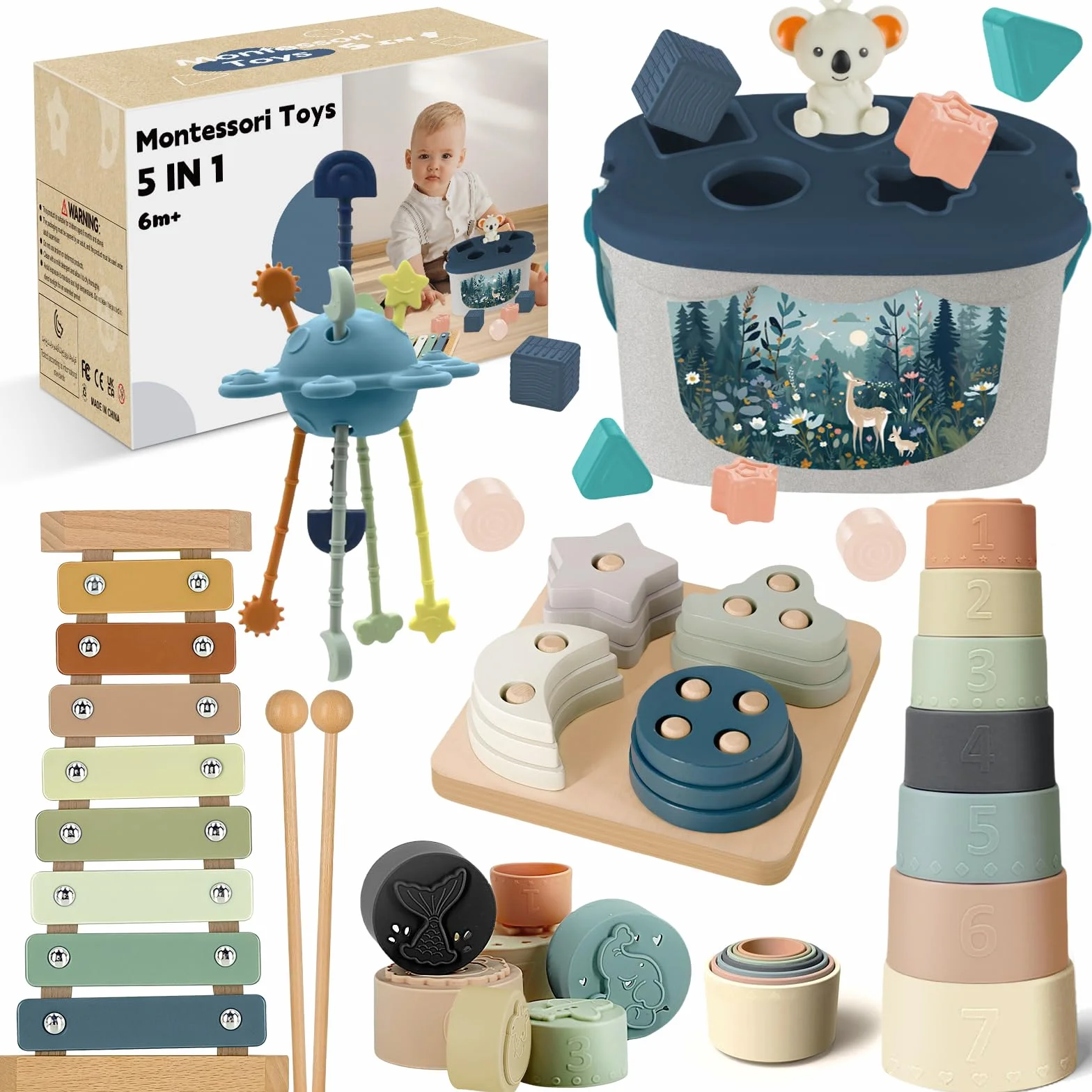 Jouet Montessori 5 en 1 Bebe 6 Mois et Plus, Jeux Sensoriel avec Tri de Formes, Xylophone, Gobelets Empilables