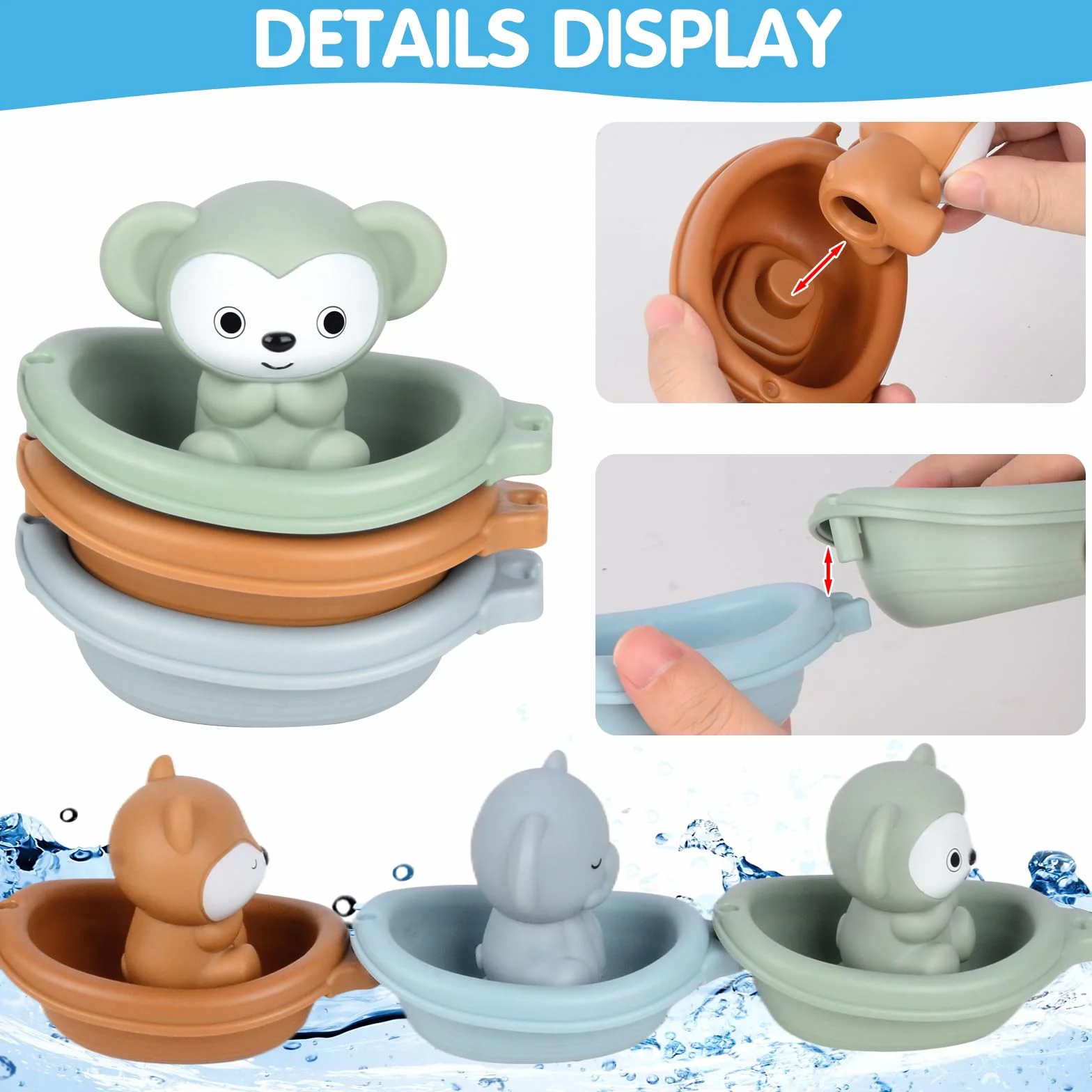 Jouets de Bain pour Bébé avec Jouets à Presser Sensoriels, Marionnettes à Doigts, Bateaux Empilables et Cuillère