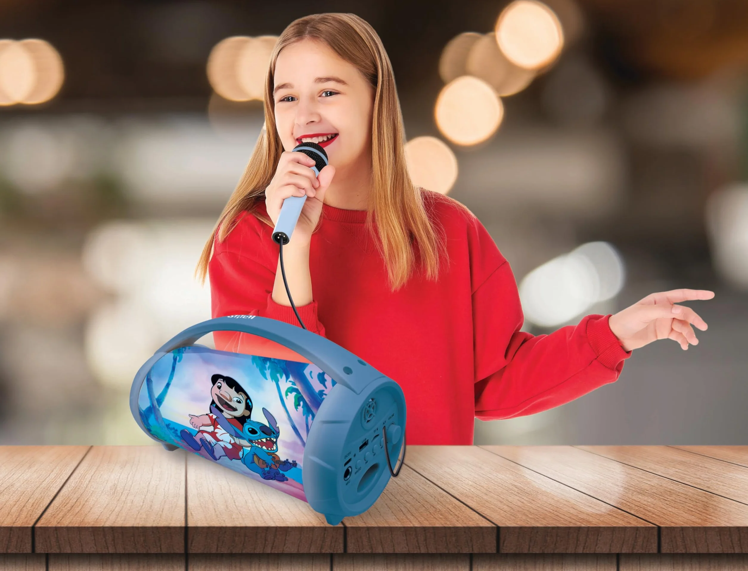 Lexibook Disney Stitch Enceinte Haut-Parleur sans Fil Lumineuse avec Micro, Son stéréo, Fonction karaoké, Ports USB et Carte SD, Batterie Rechargeable, Bleu BTP585DZ