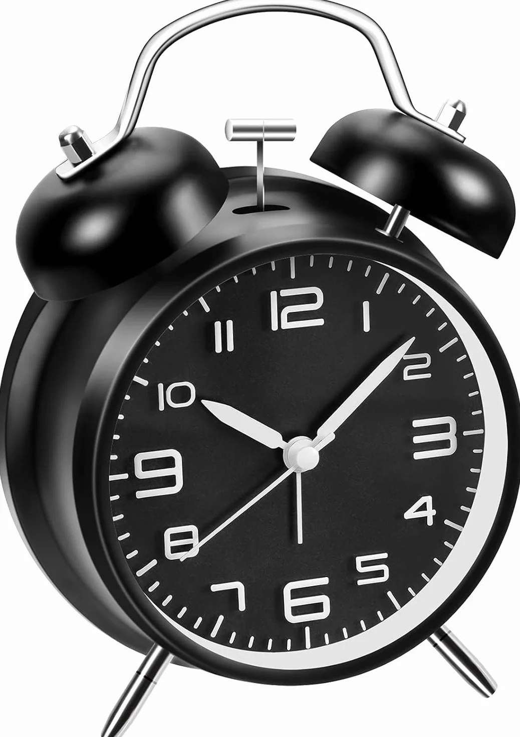 Reveil Vintage Double Cloche avec Veilleuse - Analogique, Grand Cadran 16 cm, Silencieux sans Tic-Tac (Noir)