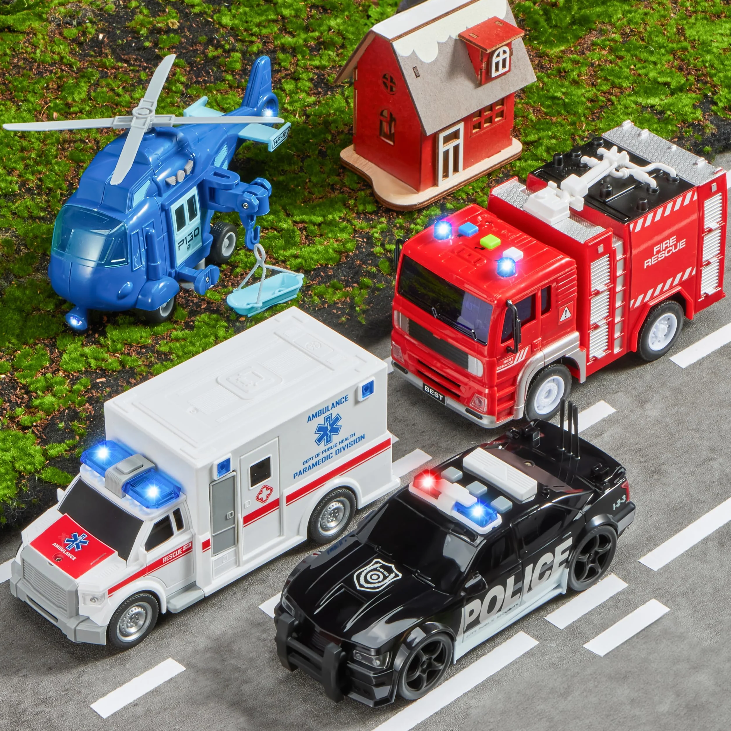 JOYIN Lot de 4 Camion de Pompiers Ambulance Voiture de Police Hélicoptère de Secours