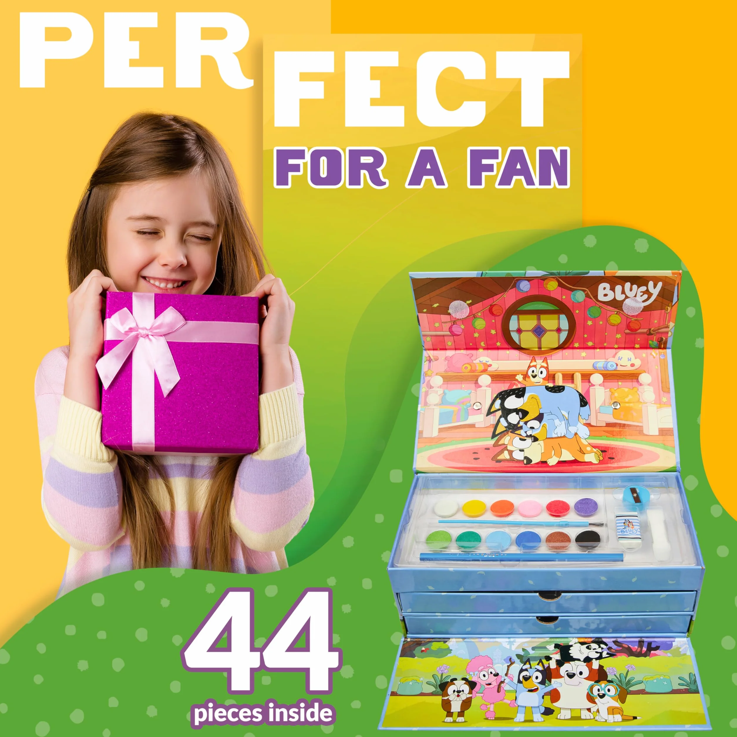 Bluey Coffret Peinture Enfant, Dessin, Coloriage, Crayon de Couleur et Cire, Feutres, Cadeau Enfant Bleu 3 Niveaux