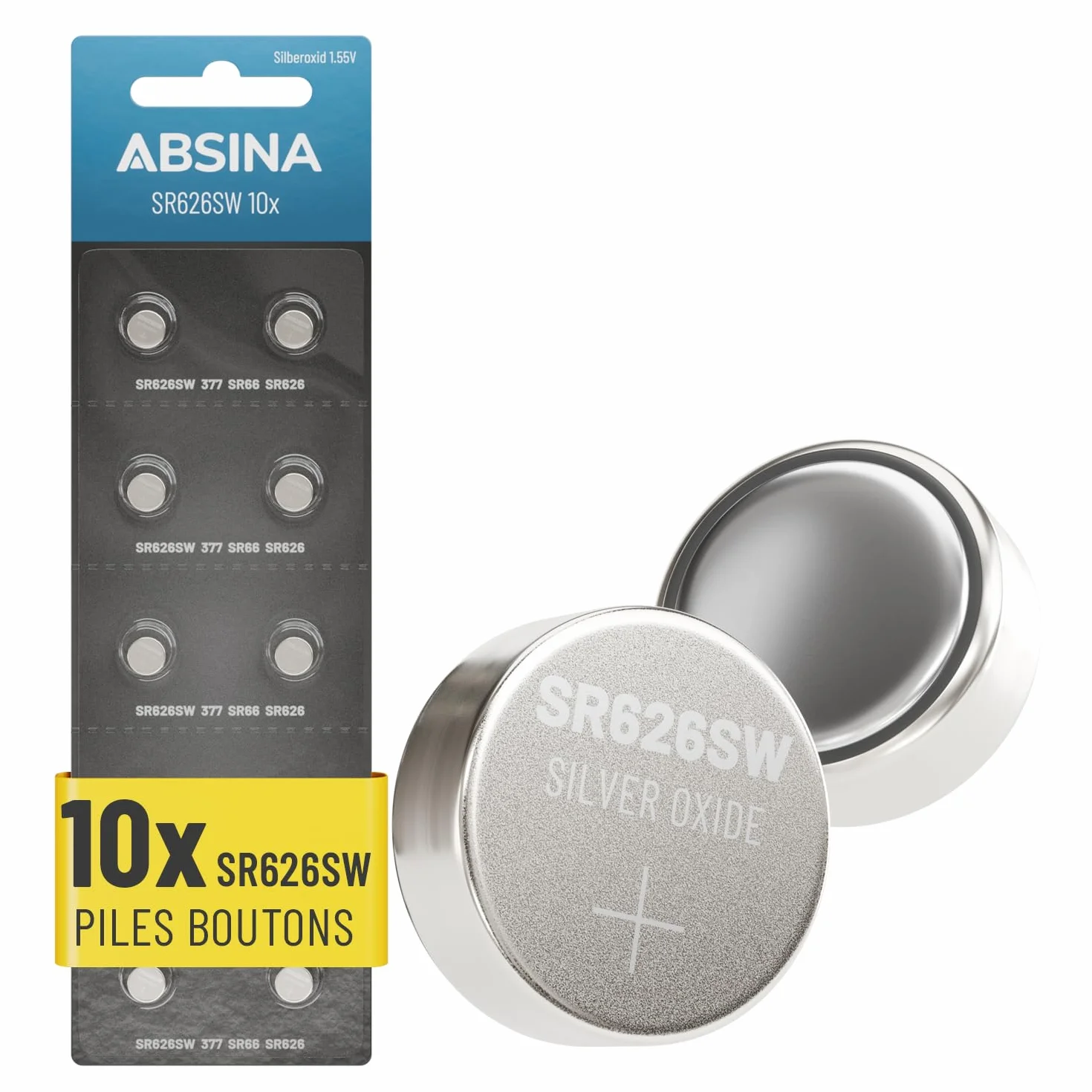 Pile SR626SW 1,55V oxyde d'argent 377 SR66 AG4 - ABSINA 10x Bouton étanche Longue durée