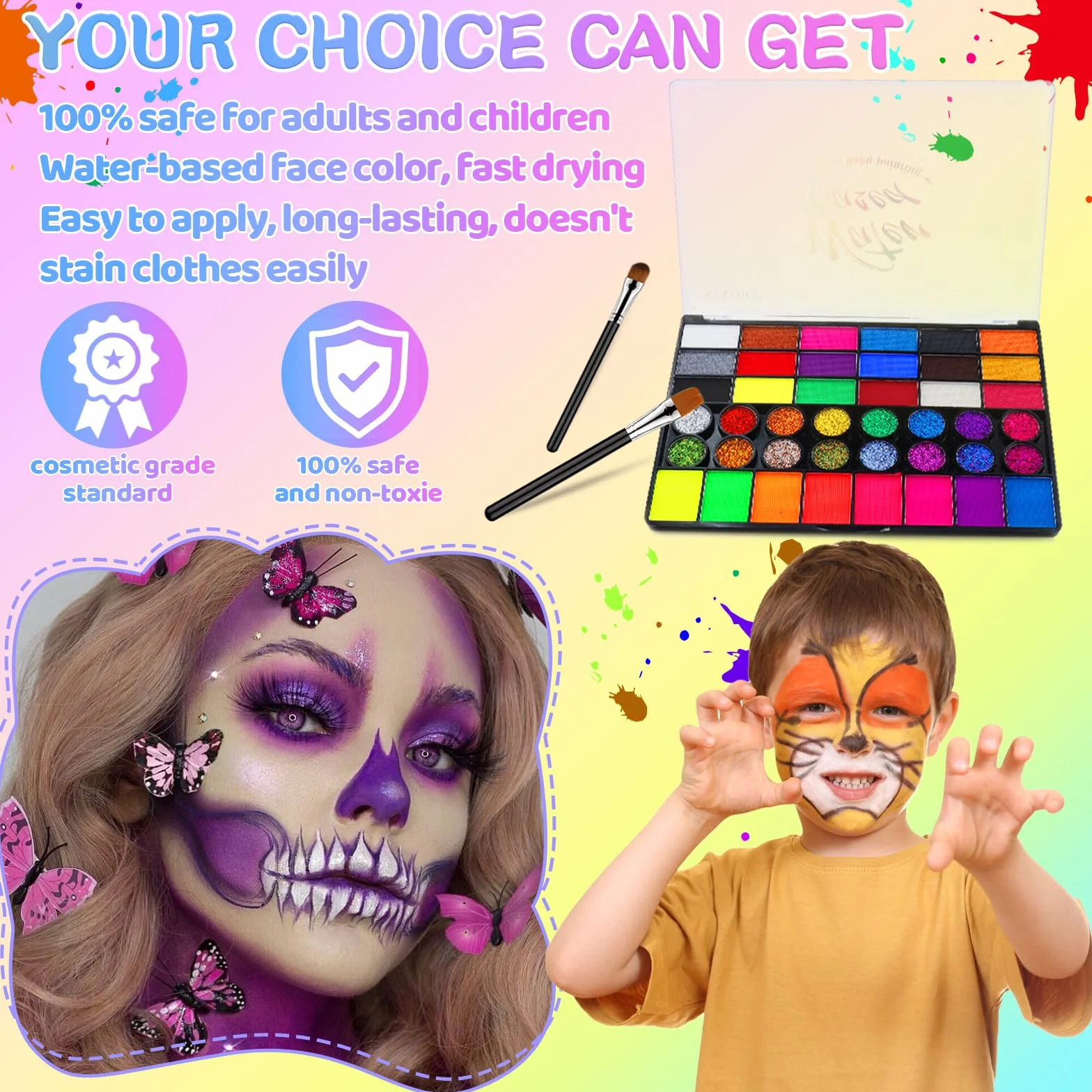Kit de maquillage pour enfants 42 couleurs lavable visage avec pinceau pochoirs autocollants diamants Halloween carnaval