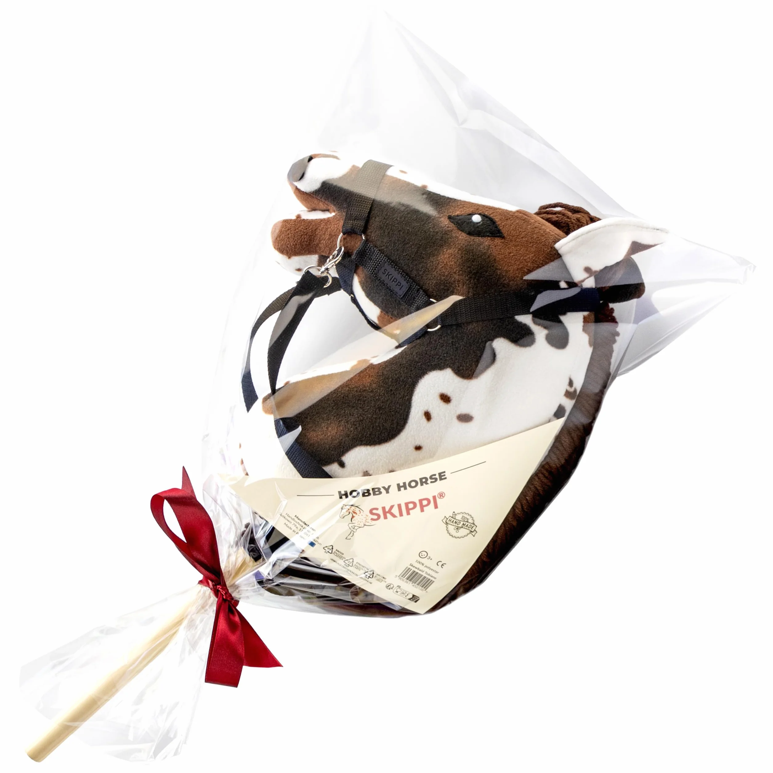 SKIPPI Hobby Horse Pie Alezan, Licol et Rênes Inclus, Cheval Bâton A5, Tacheté Blanc à Taches Brunes