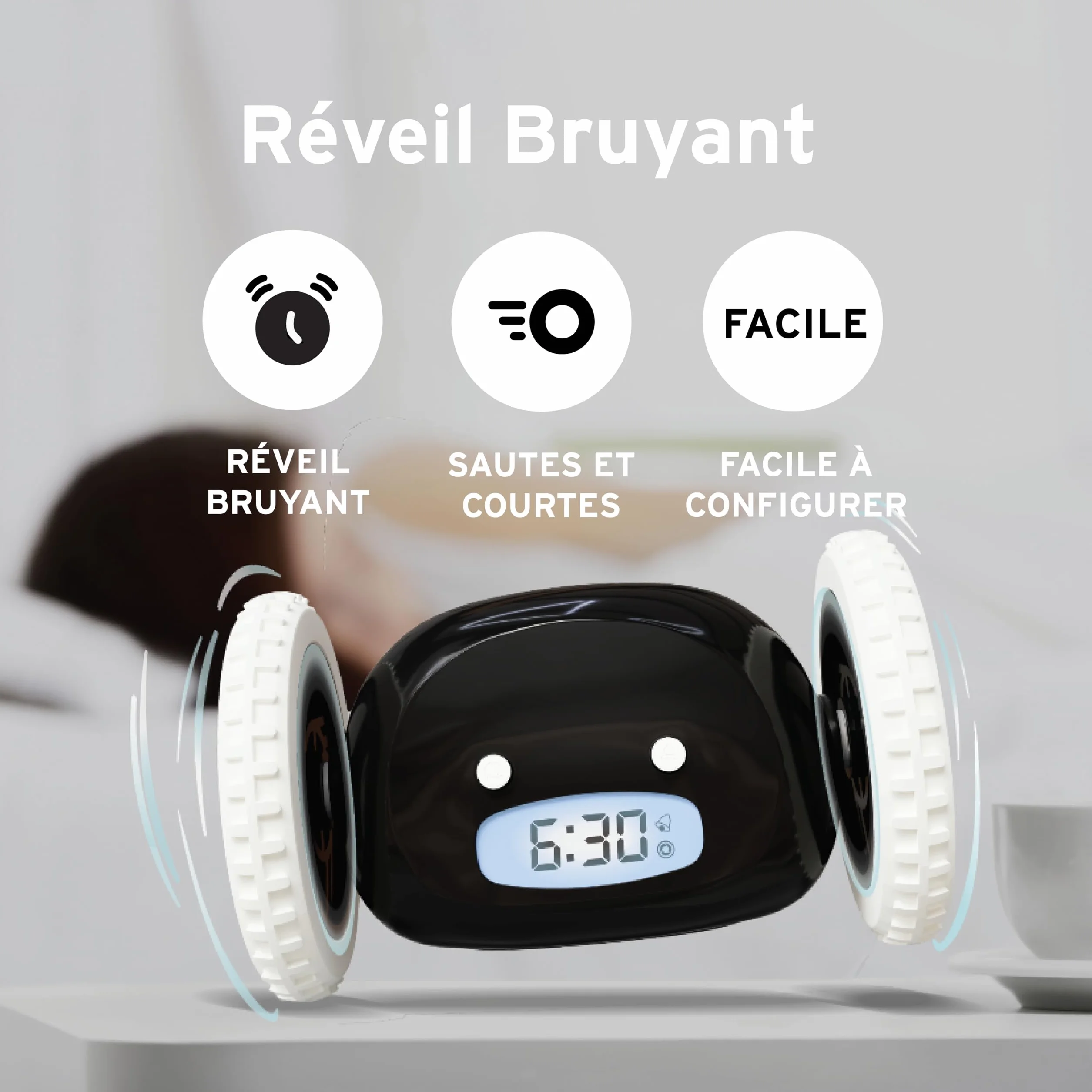 CLOCKY Réveil Matin Roulant Forte Sonnerie Puissant LED Noir