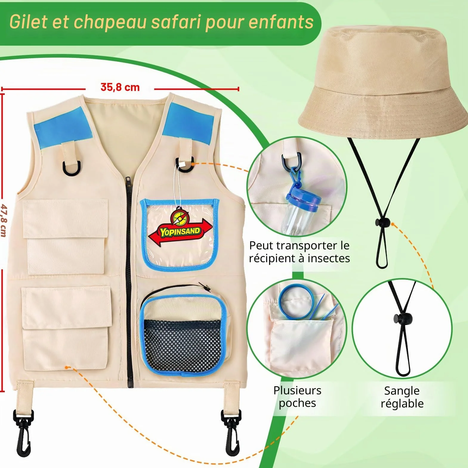 Kit d'exploration pour enfants avec gilet de safari, chapeau et jumelles, piège à insectes