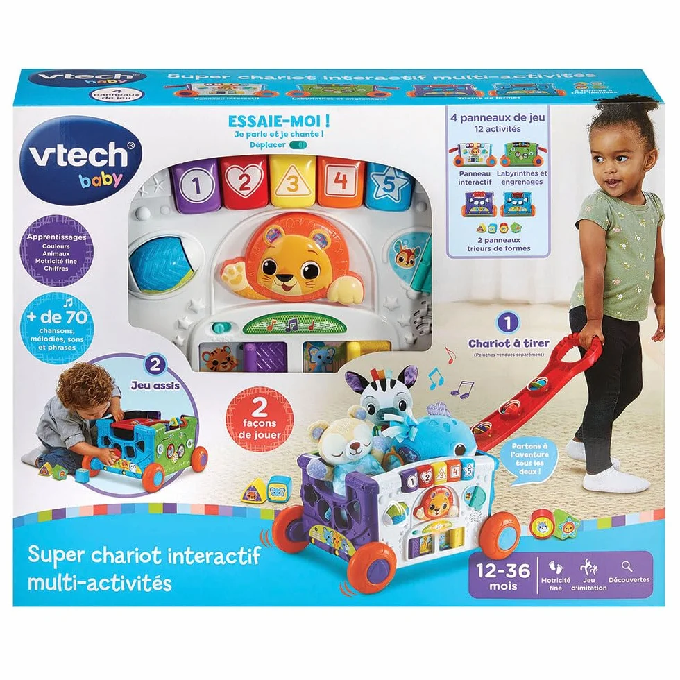 VTech Super Chariot Interactif Multi-Activités, Chariot Enfant à Tirer avec Trieur de Formes, Jeux d’Éveil, Bac à Jouets Musical, Cadeau Bébé 1 an