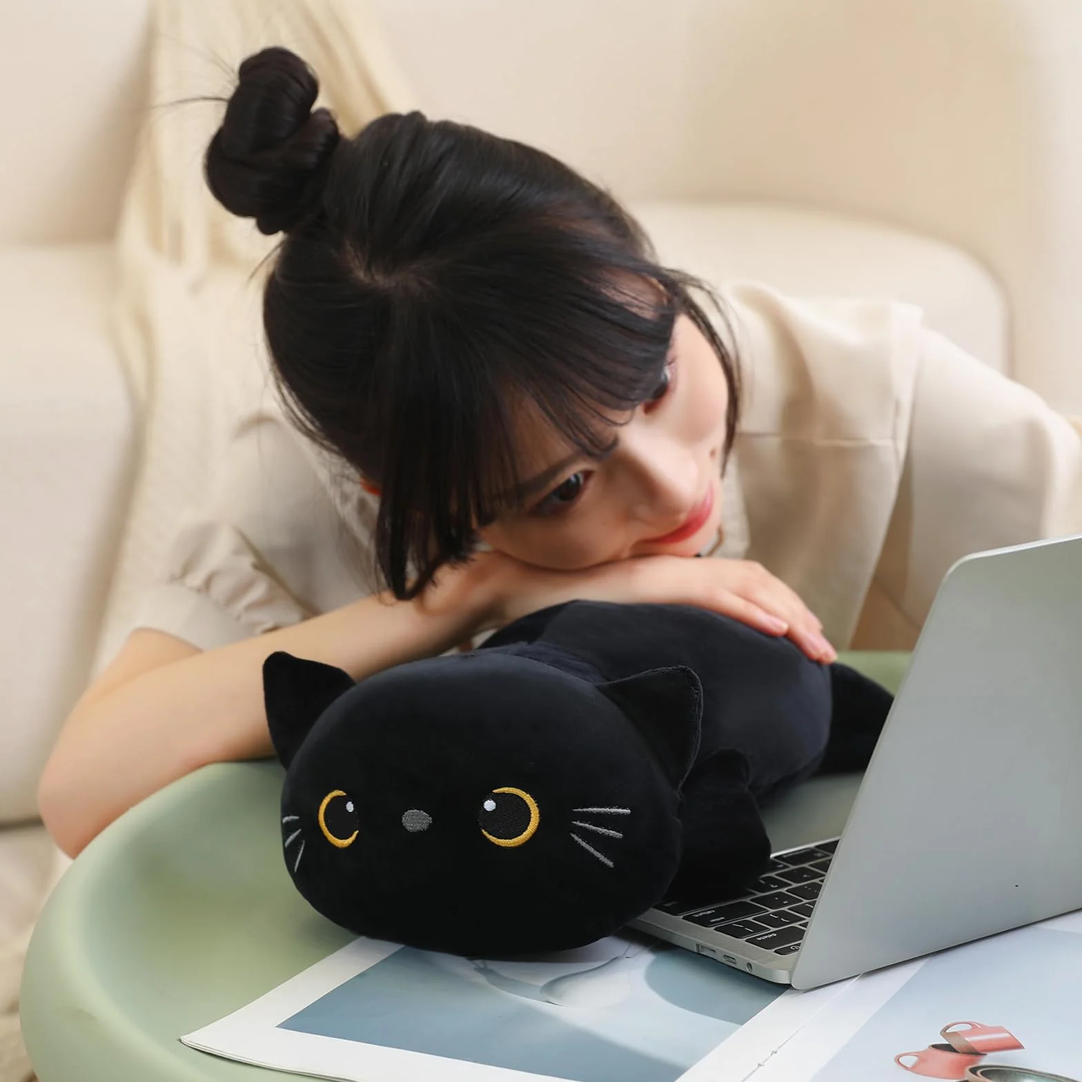 Chat Noir lesté en Peluche Animal en Forme de Chat Noir Oreiller Doux 24 cm 0,4 kg