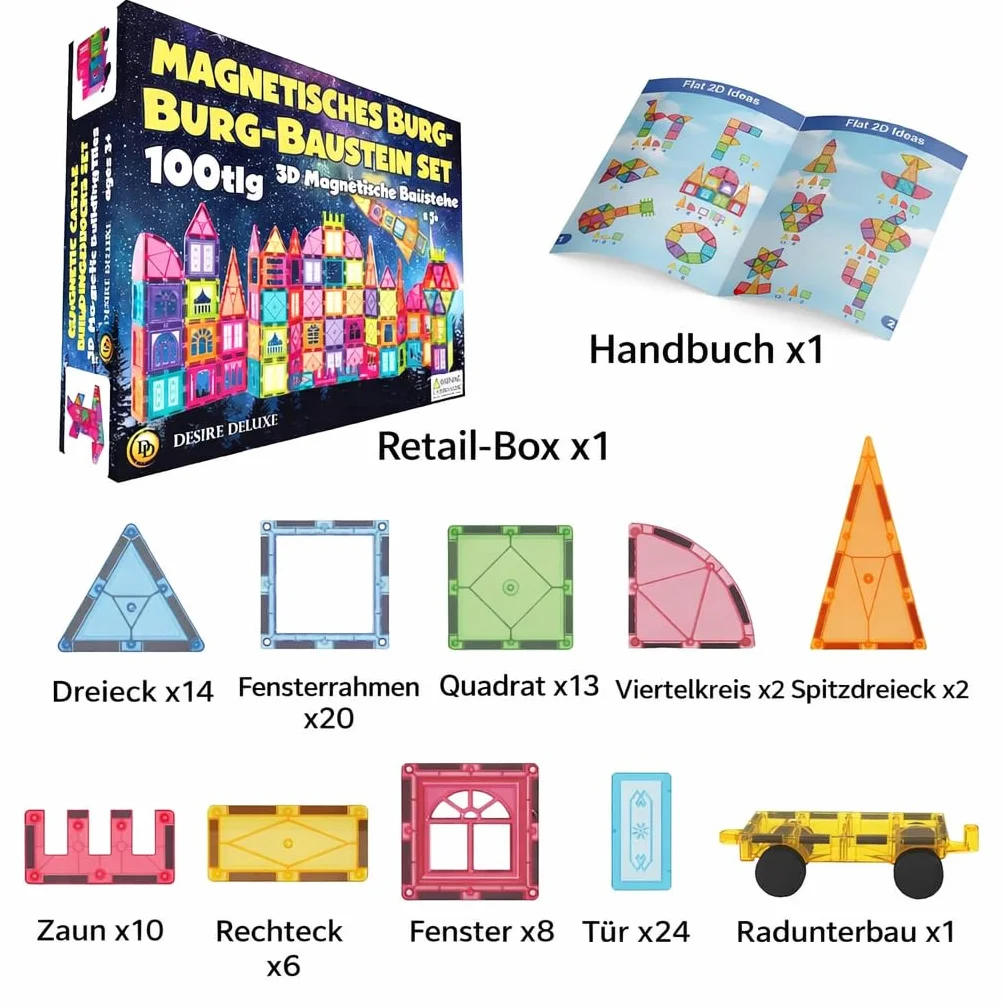 Desire Deluxe Jeux de Construction Magnétiques 100 PCS Tuiles et Blocs Magnétiques Enfants Jouet Éducatif STEM 3+ Ans
