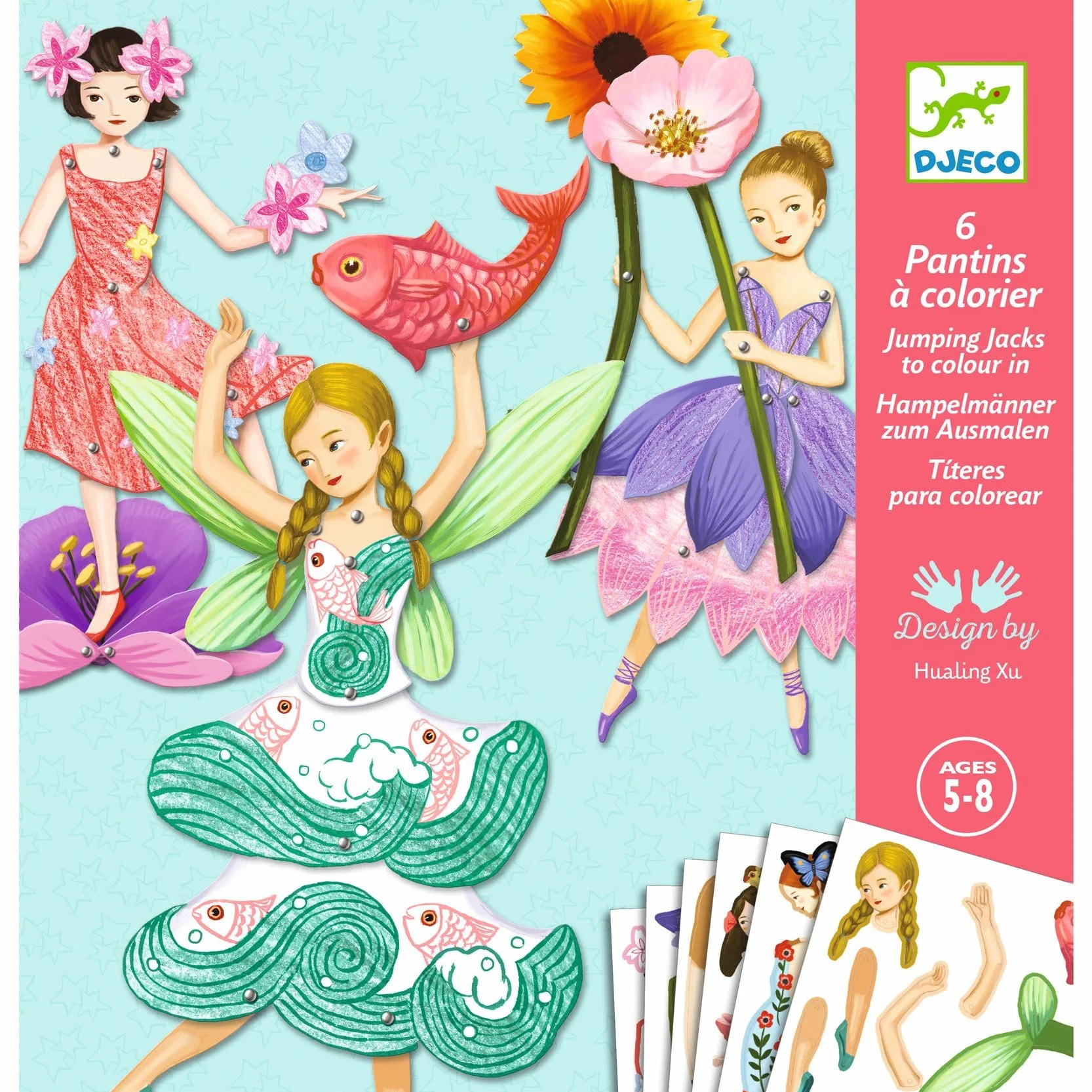Djeco Set Créatif Fées Articulées à Colorier 5-8 Ans Coloriage Assemblage 6 Planches Pantins Fées Attaches Metal Stickers H19cm