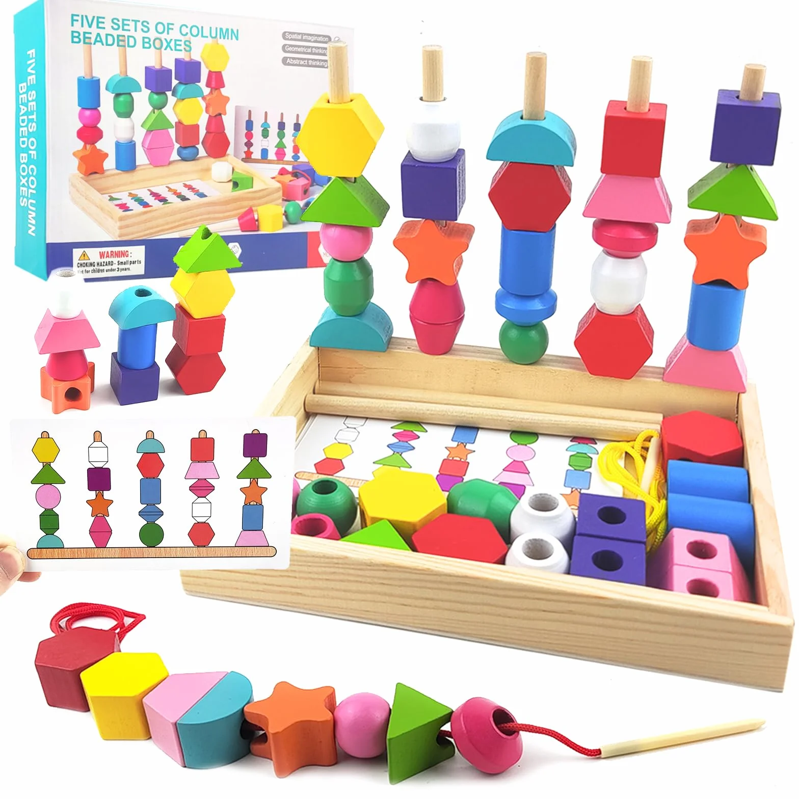 Jouet Montessori 3 en 1 pour Enfants 2-4 Ans Perles en Bois à Enfiler, Jeu de Tri et Empilage Éducatif