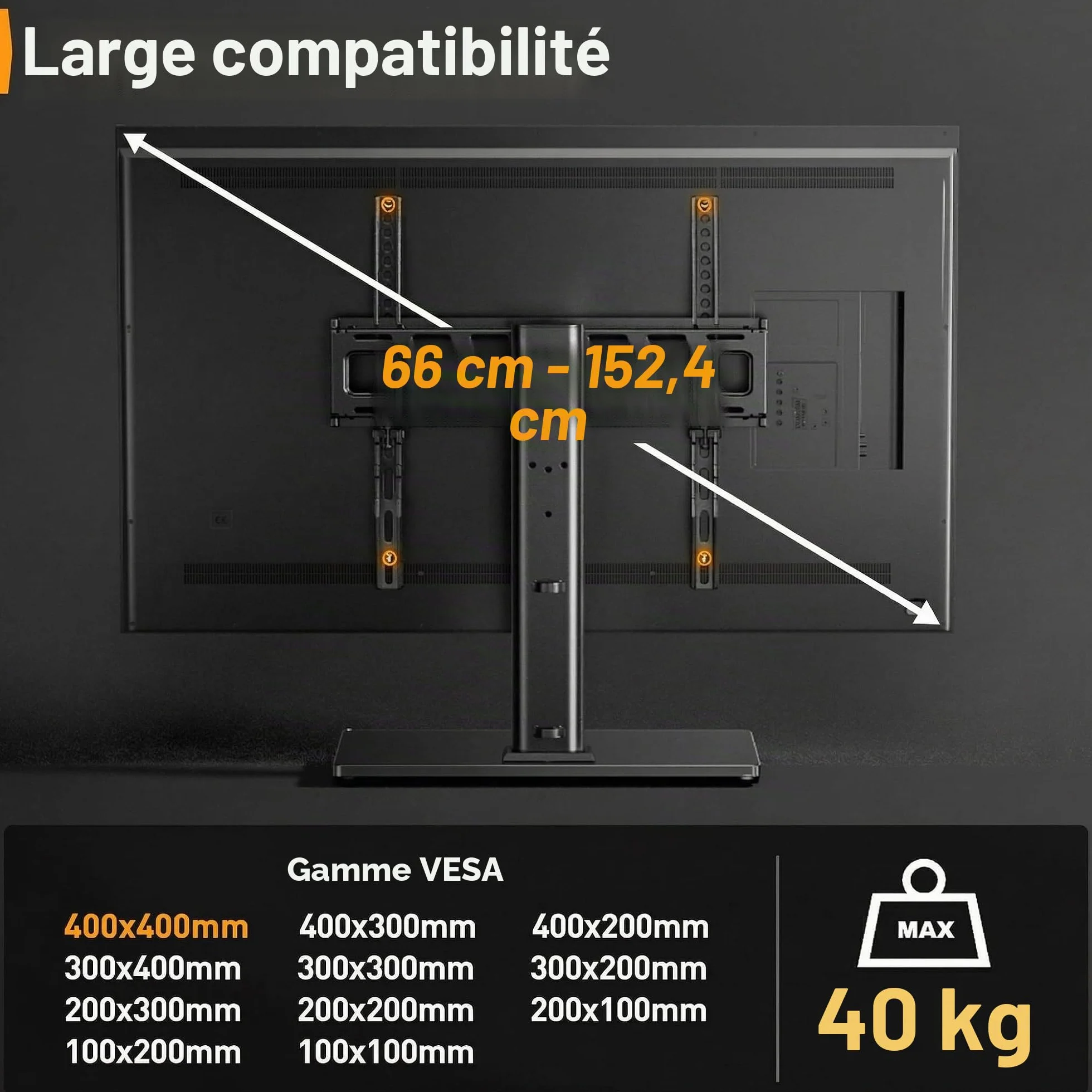Support TV sur Pied Pivotant Réglable en Hauteur 26-60 Pouces VESA 400x400 mm 40 kg Base Verre Trempé