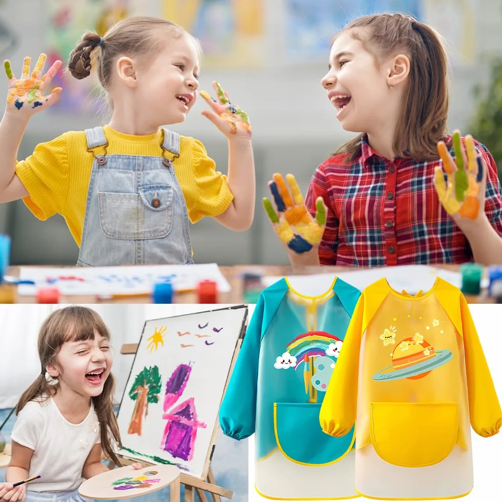 Tablier peinture enfant imperméable TPU poignets élastiques réglable Vert