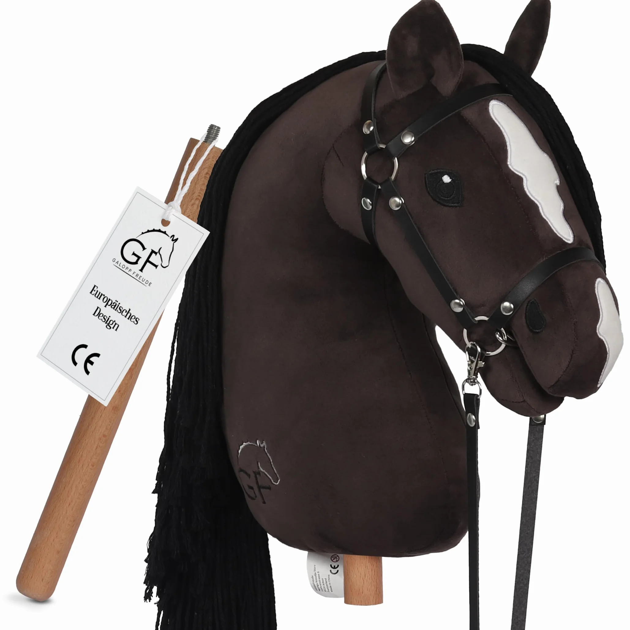 GaloppFreude Hobby Horse Grand cheval A3 avec tige de vis et bride - Cheval à cheval pour enfants avec crinière longue