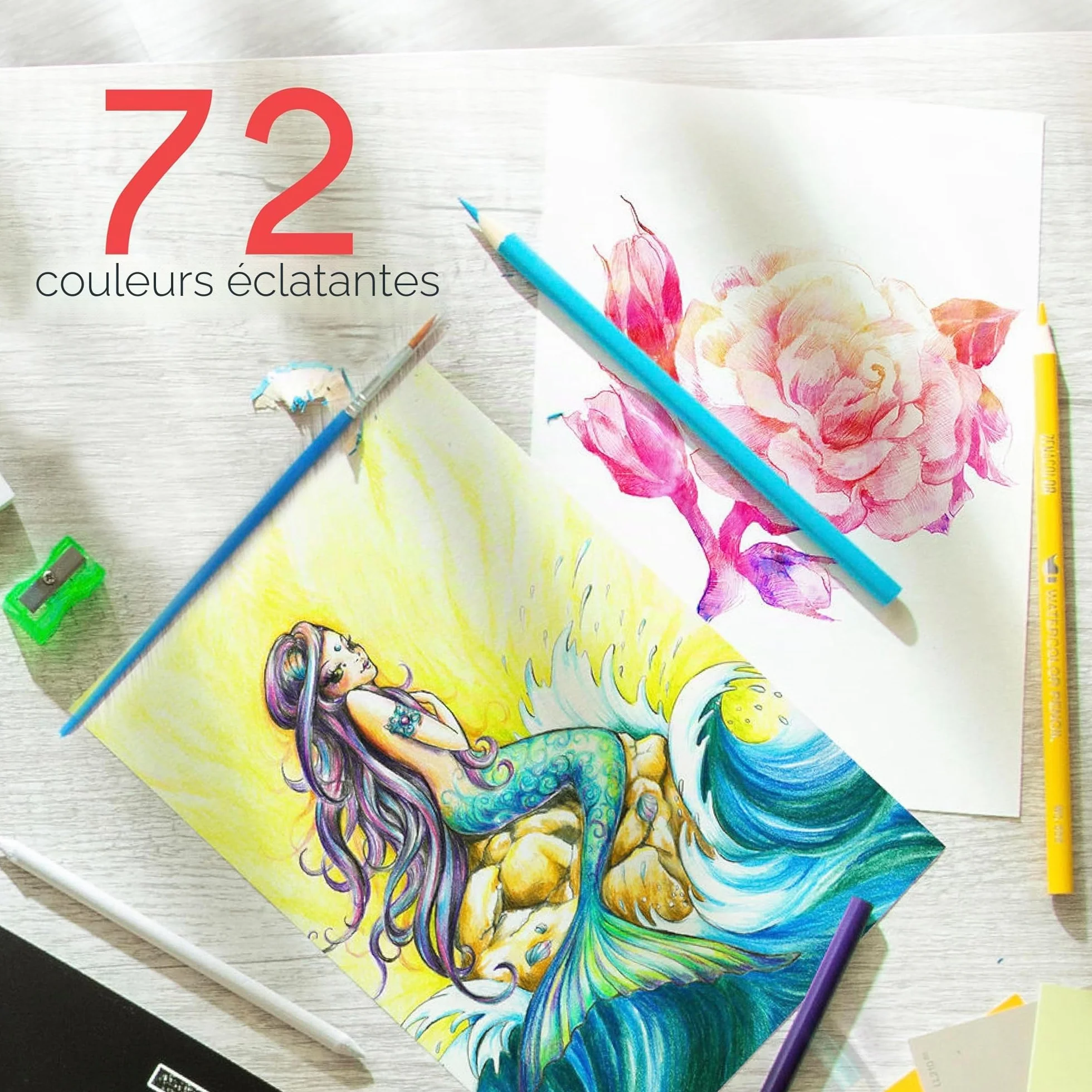 Zenacolor 72 Crayons Aquarellables, Set de 72 Couleurs Uniques, Pinceau et Boîte en Métal