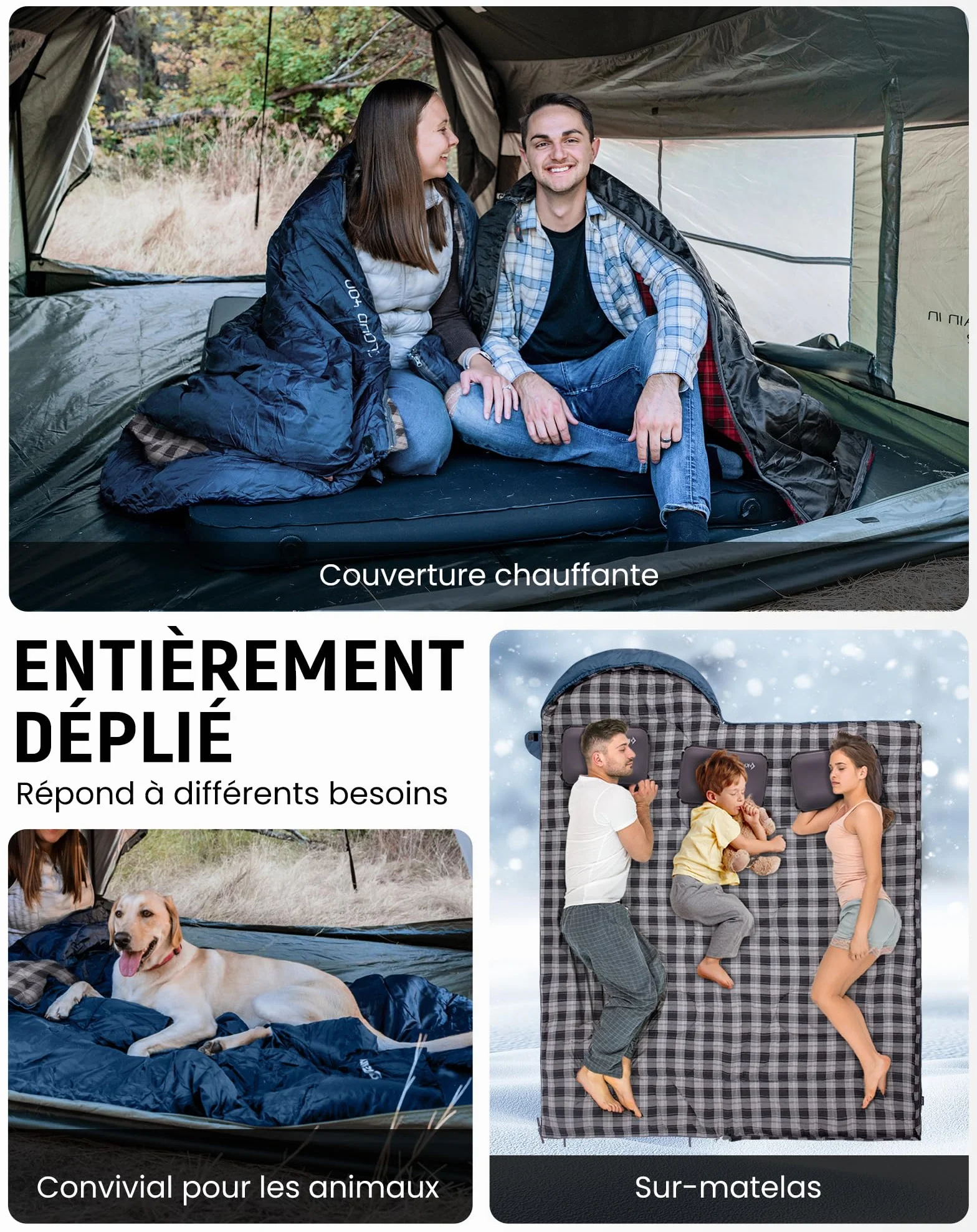 KingCamp Sac de Couchage Adulte Hiver Flanelle Coton 230x90cm 4°C à -15°C 3-4 Saisons Camping