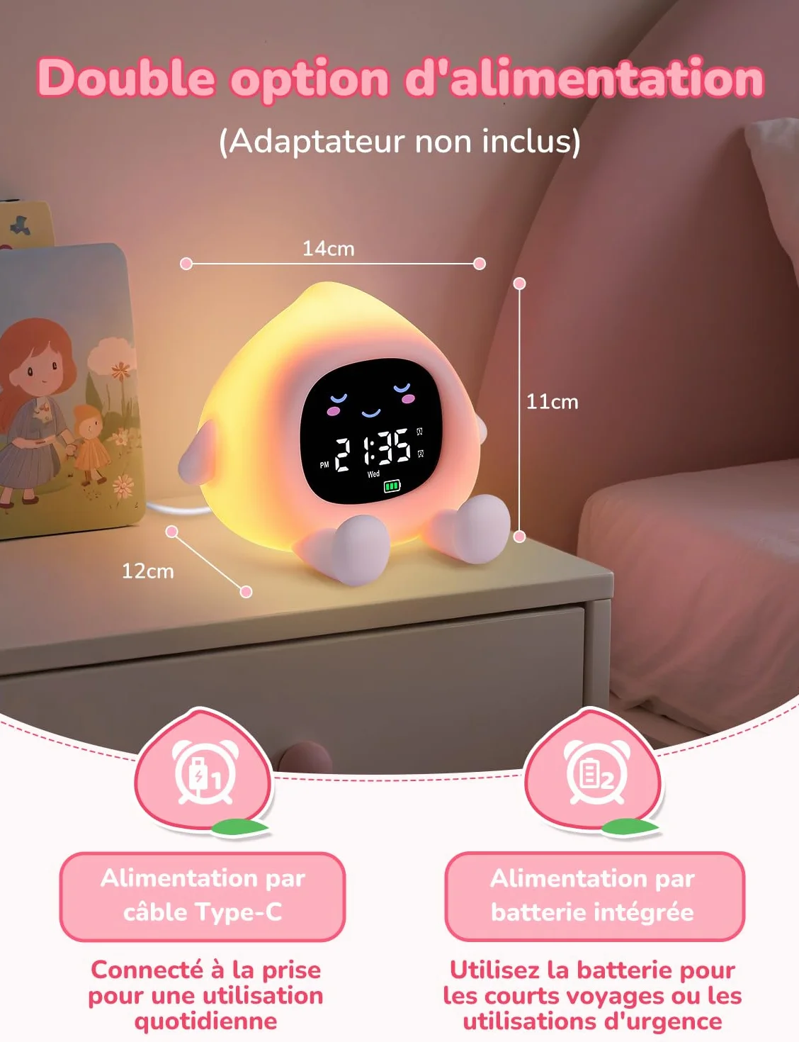 YISSVIC Réveil Enfant Educatif Jour/Nuit 2 Alarme Luminosité Réglable 12/24 Heure Snooze Lumineux 7 Couleurs 30s Arrêt Automatique 10 Chansons Bruit Blanc
