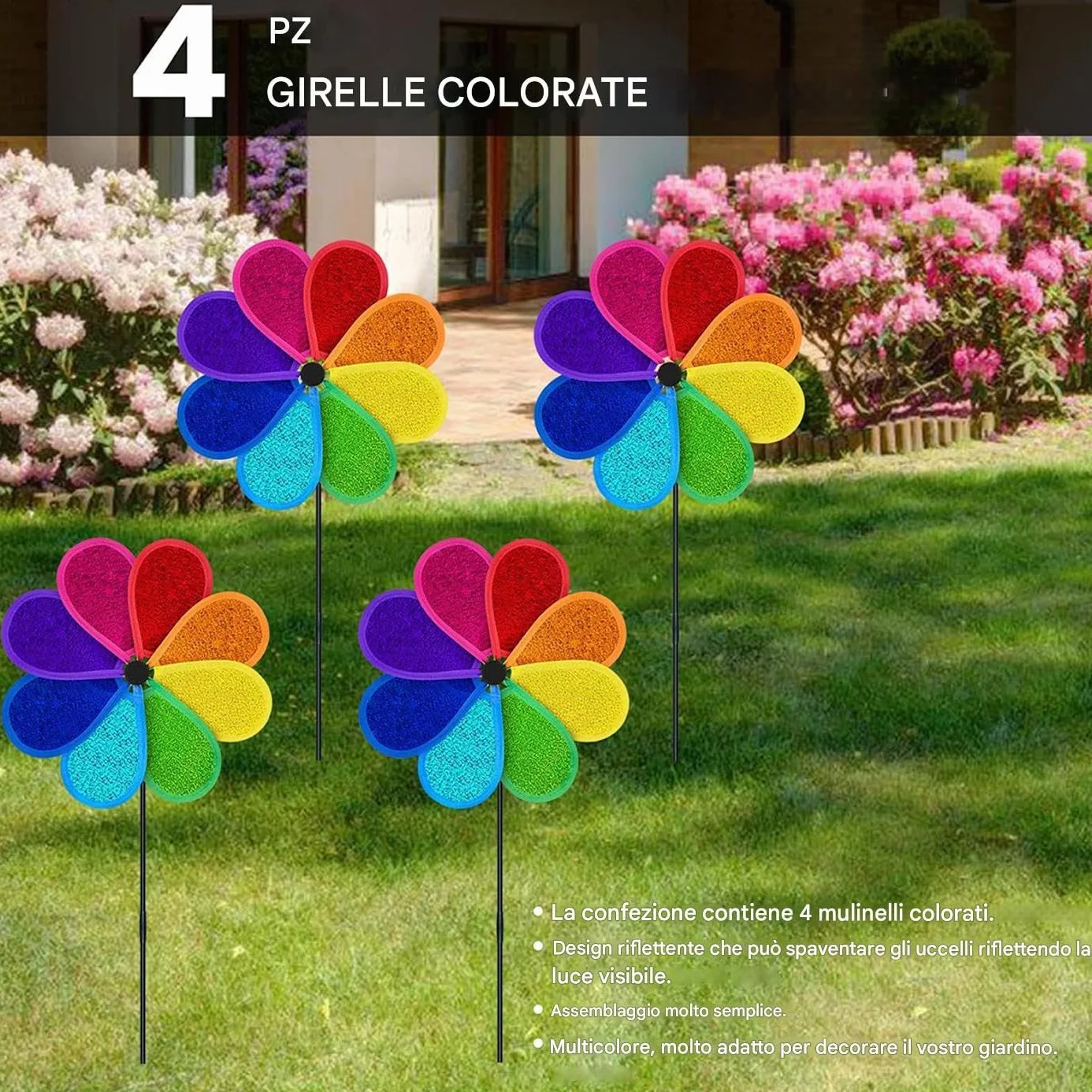 Tourniquets de jardin anti-oiseaux 4 pièces réfléchissant ornement moulin multicolore